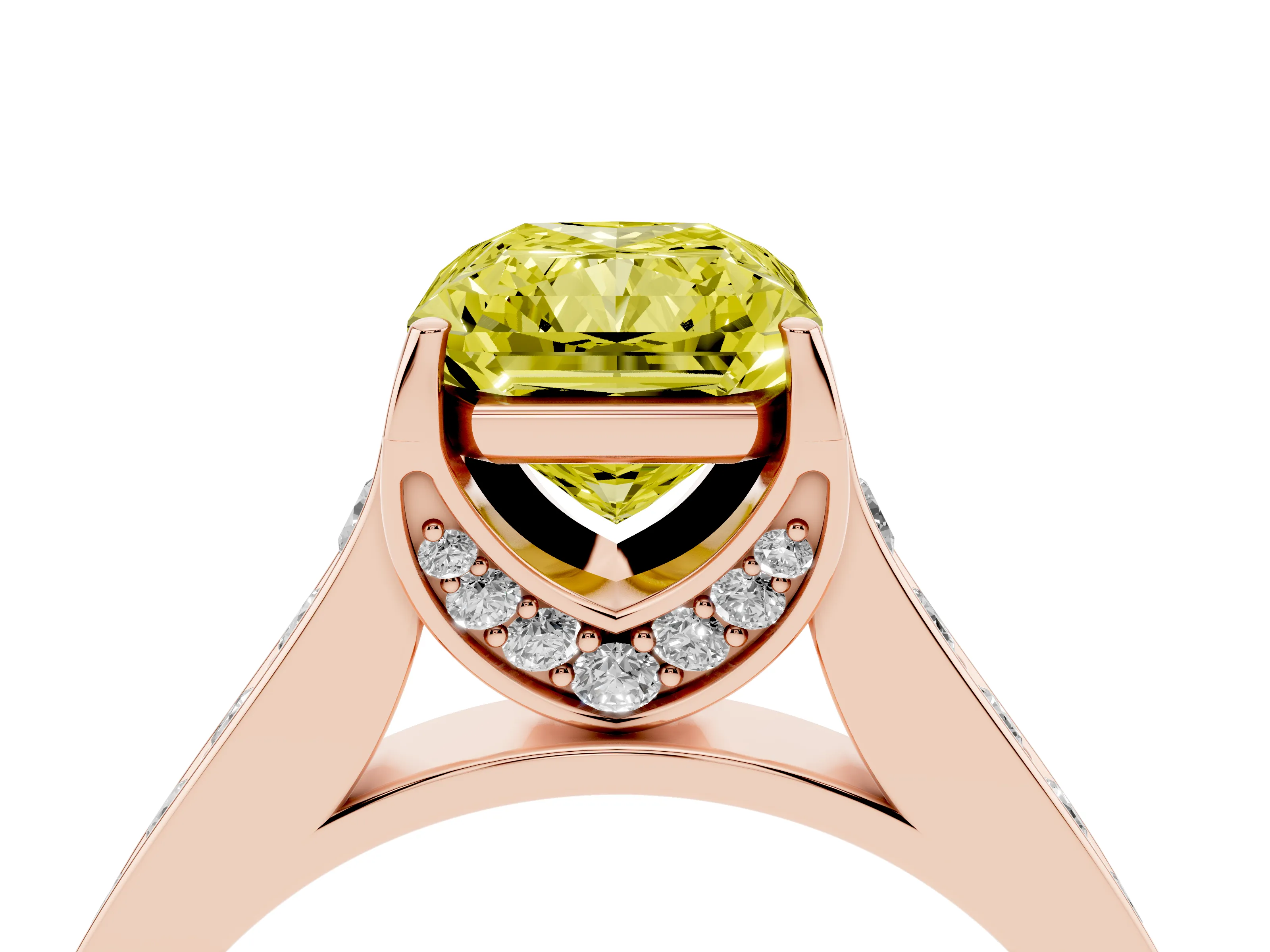 Fancy Yellow Radiant Cut Diamond Solitaire Pavé Engagement Ring Set in Rose gold with Prong Setting