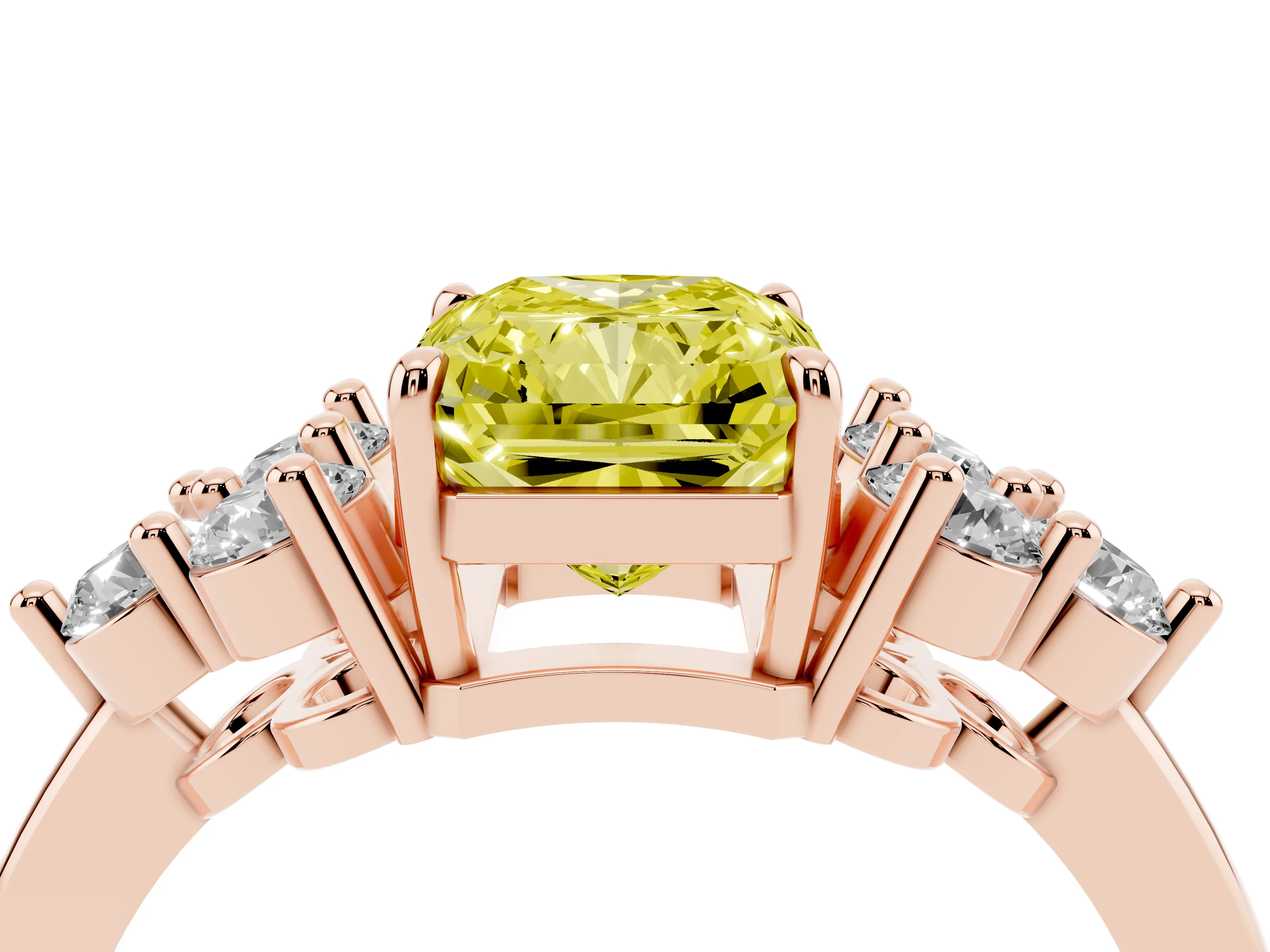 Fancy Yellow Radiant Cut Diamond Solitaire Ring Set in Rose gold with Cluster Accents on Each Side