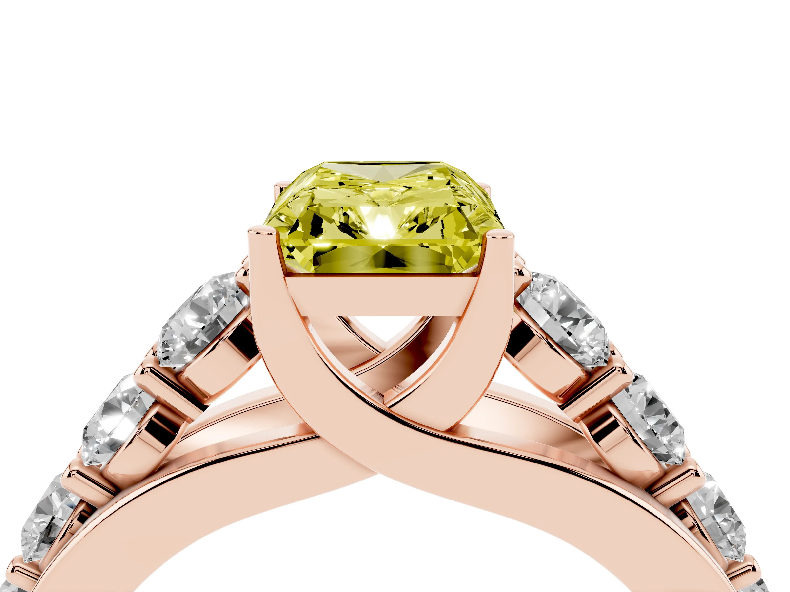 Fancy Yellow Radiant Cut Diamond Pavé Engagement Ring Set in Rose gold with Prong Setting