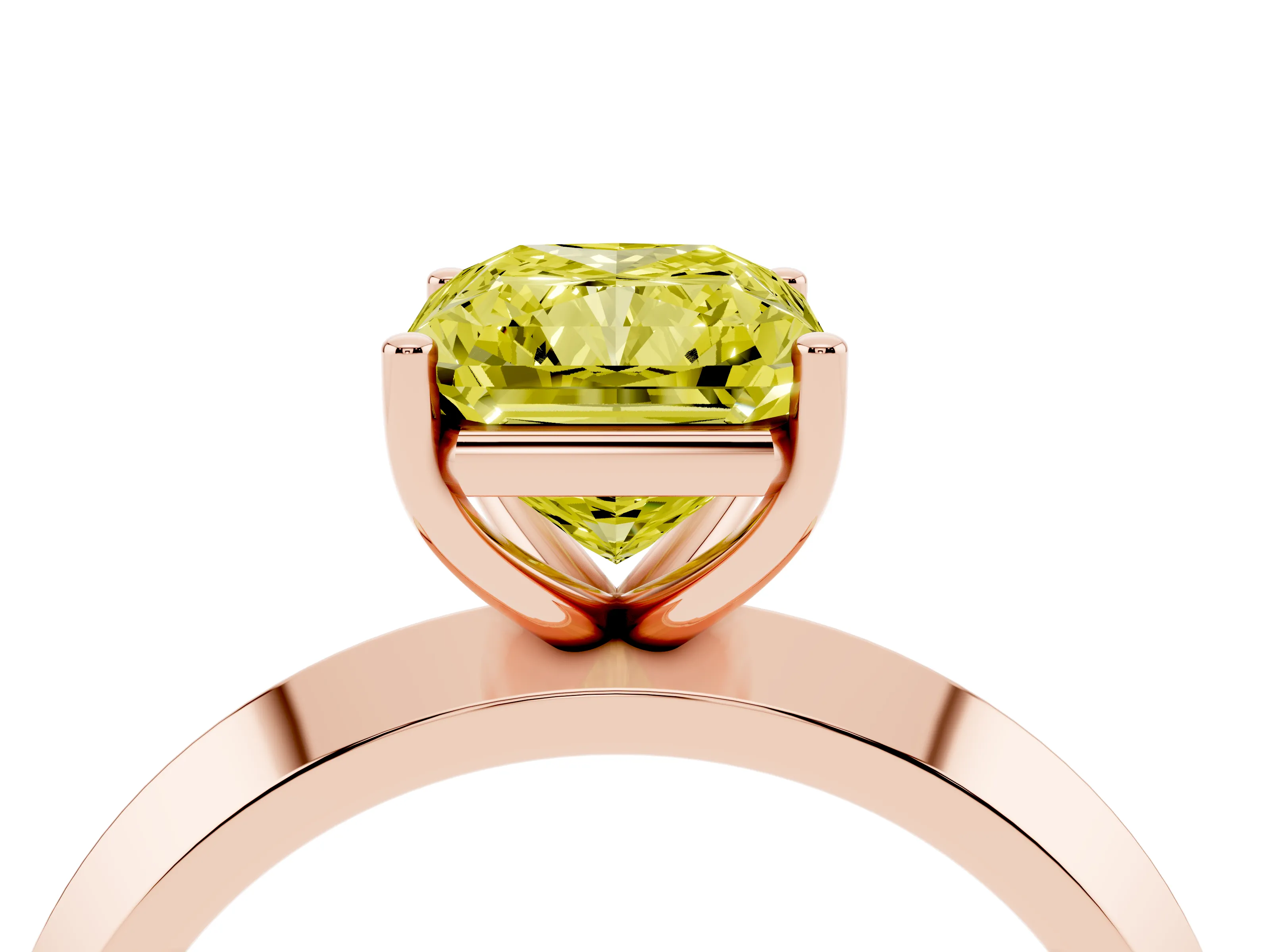 Fancy Yellow Radiant Cut Diamond Solitaire Engagement Ring Set in Rose gold with Flat Band and Prong Setting