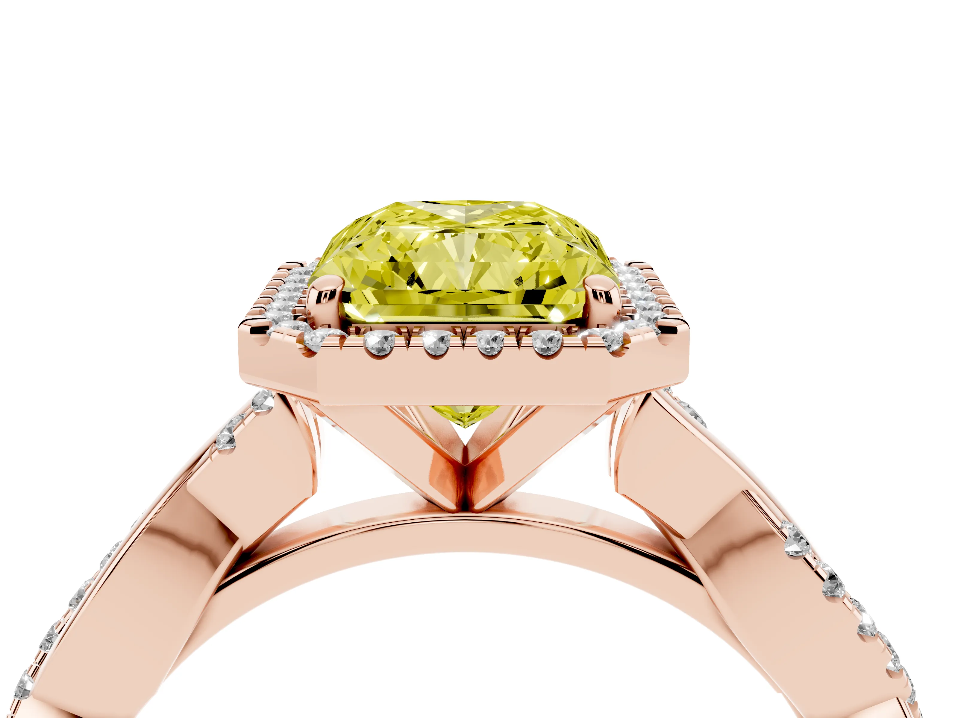 Fancy Yellow Radiant Cut Diamond Halo Twisted Band Ring Set in Rose gold with Prong Setting