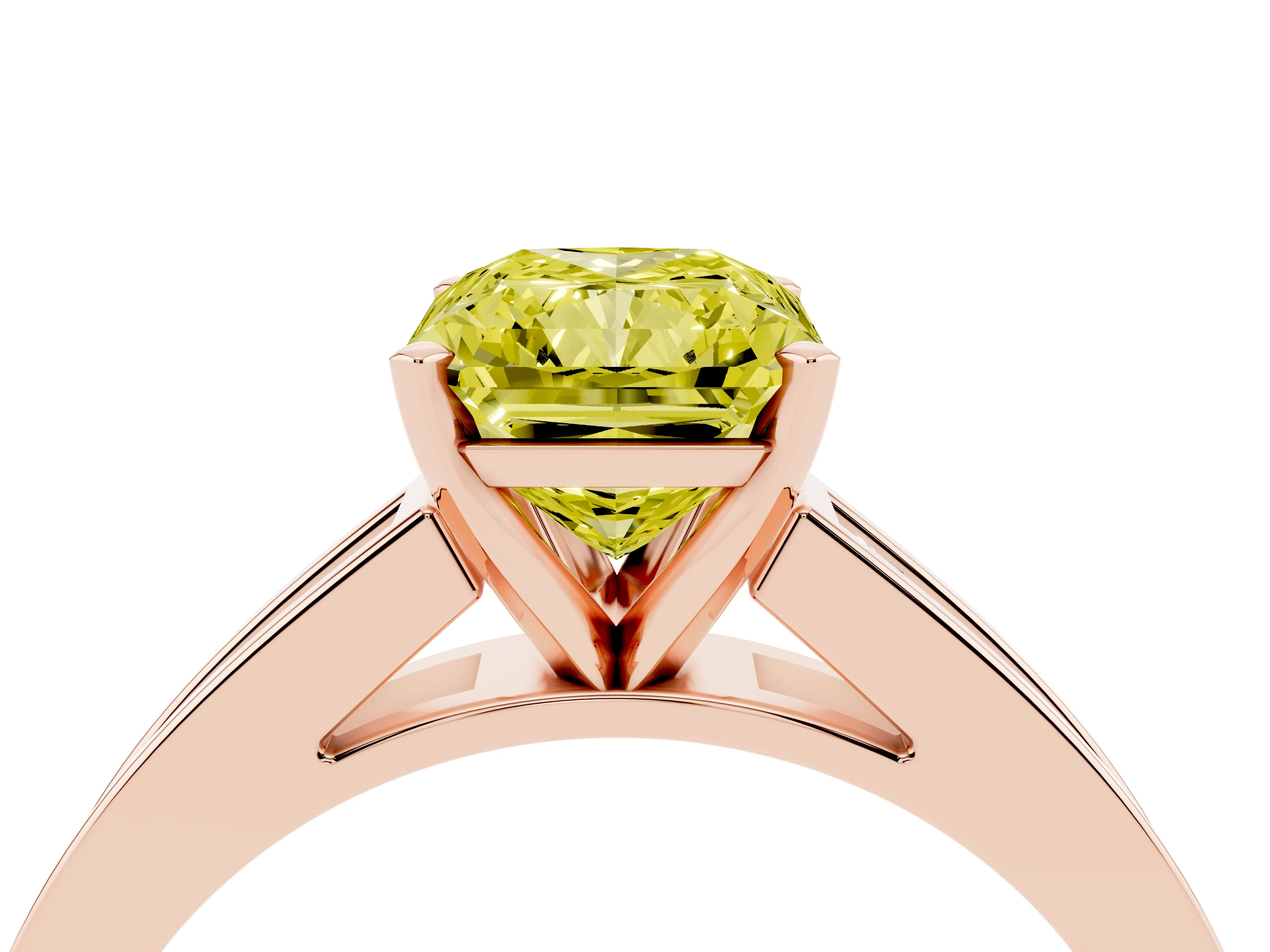 Fancy Yellow Radiant Cut Diamond Solitaire Ring Set in Rose gold with Channel-Set Band and Prong Setting