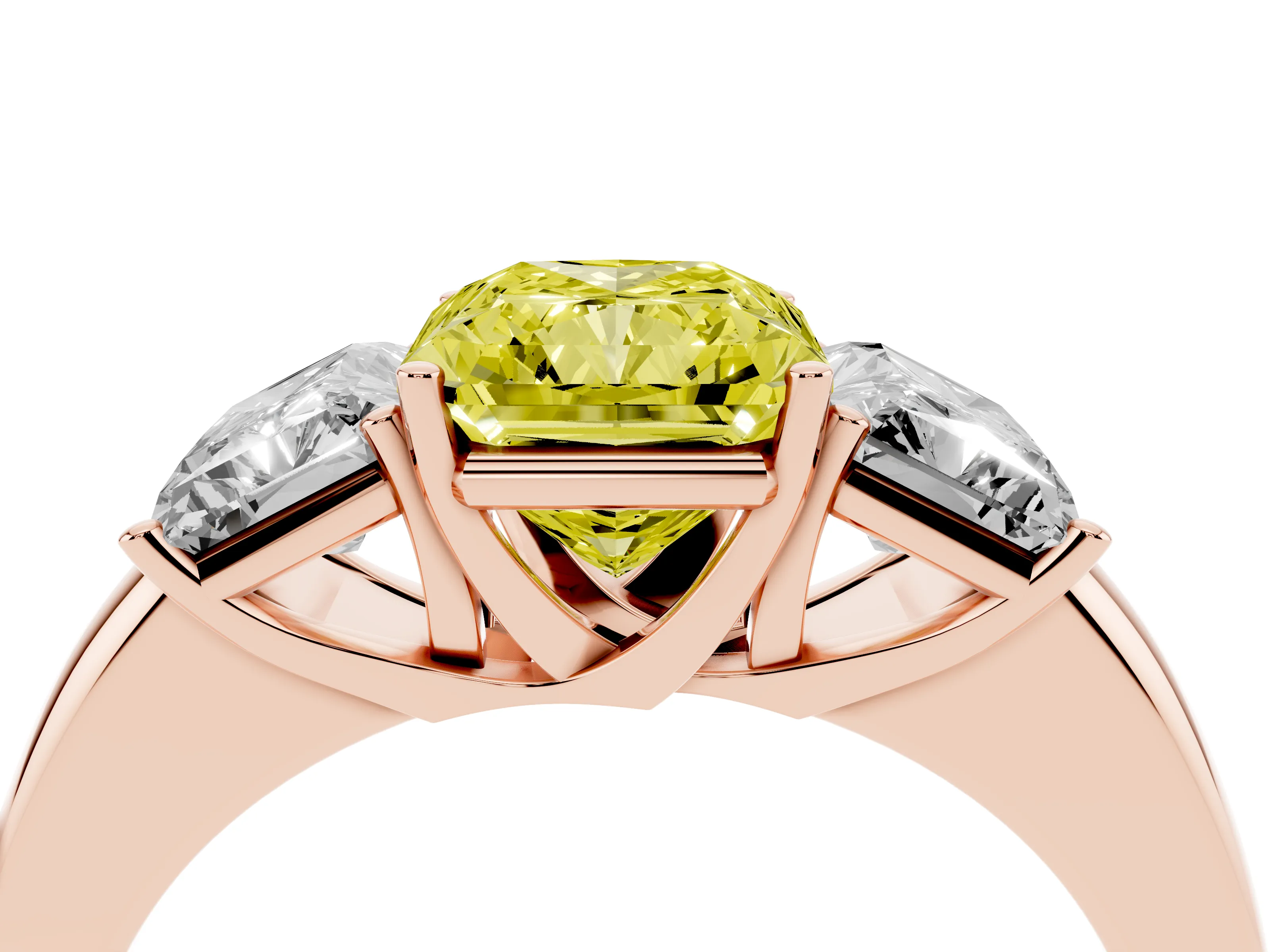 Fancy Yellow Radiant Cut Diamond Three-Stone Ring Set in Rose gold with Bold Center and Classic Band