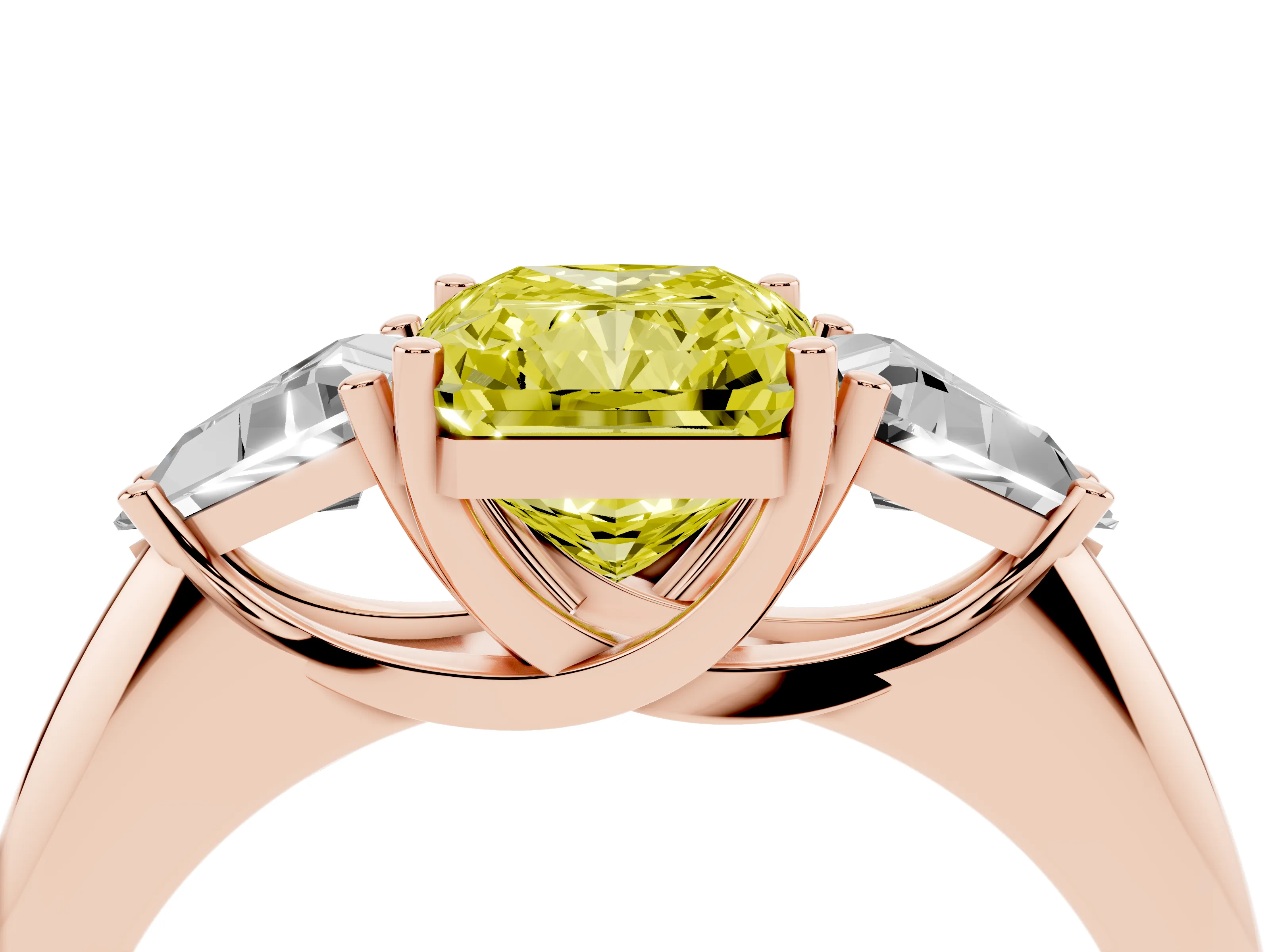 Fancy Yellow Radiant Cut Diamond Three-Stone Engagement Ring Set in Rose gold with Trillion Side Stones