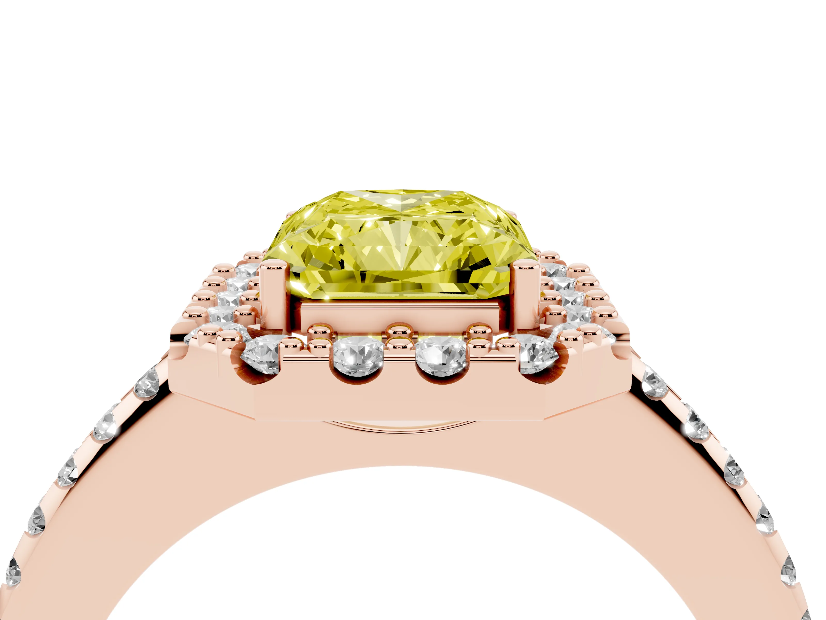 Fancy Yellow Radiant Cut Diamond Pavé Halo Ring Set in Rose gold with Prong Setting