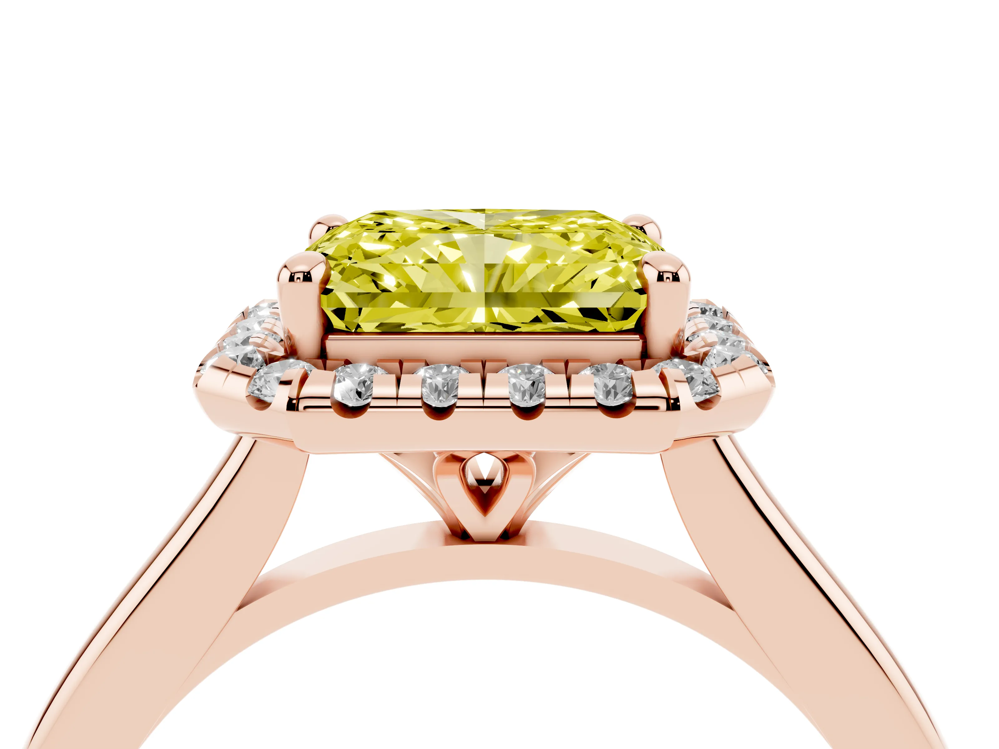 Fancy Yellow Radiant Cut Diamond Halo Engagement Ring Set in Rose gold with Pavé Band and Rising Shoulders