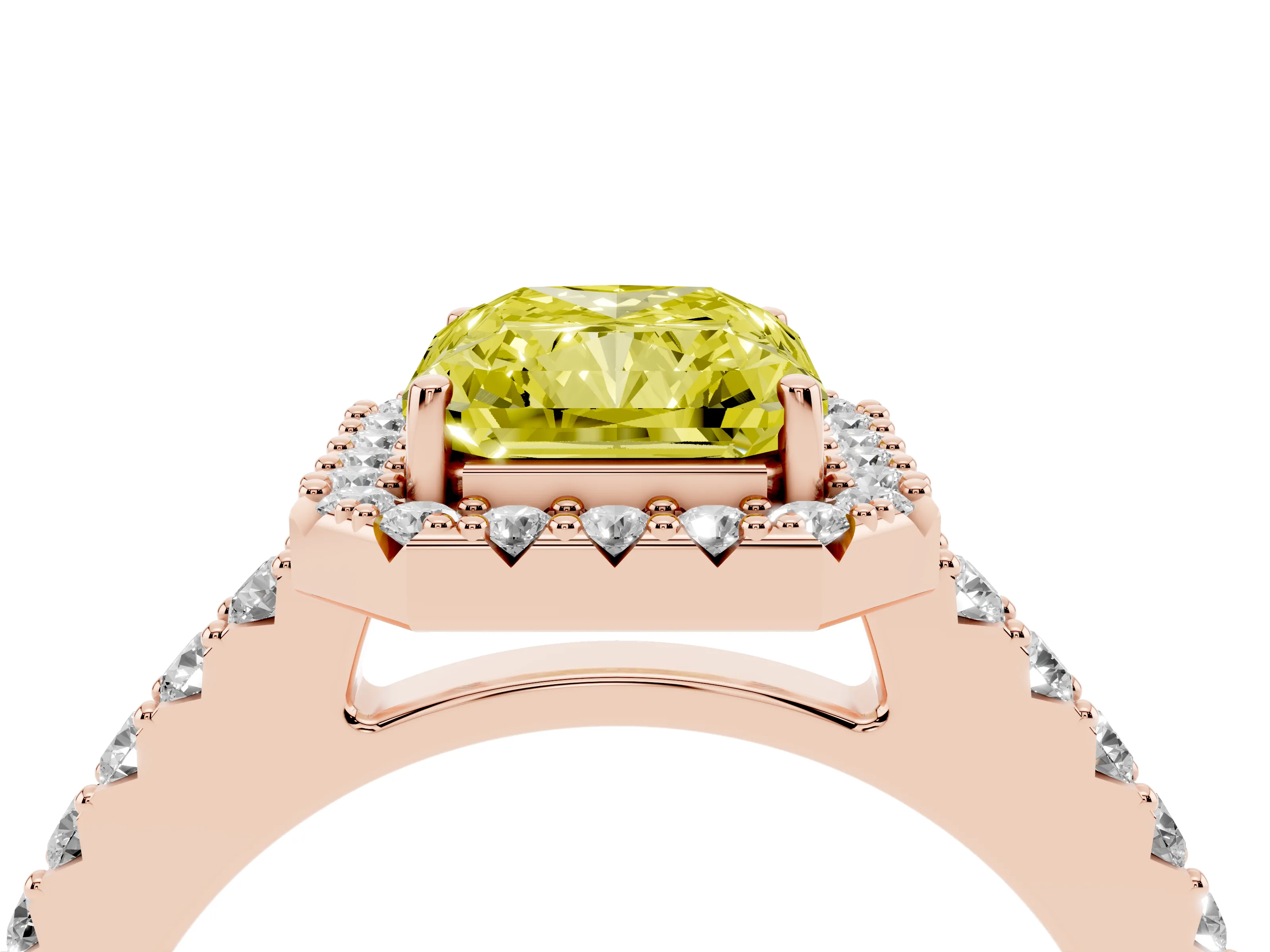 Fancy Yellow Radiant Cut Diamond Halo Pavé Solitaire Ring Set in Rose gold with Prong-Set Center Stone