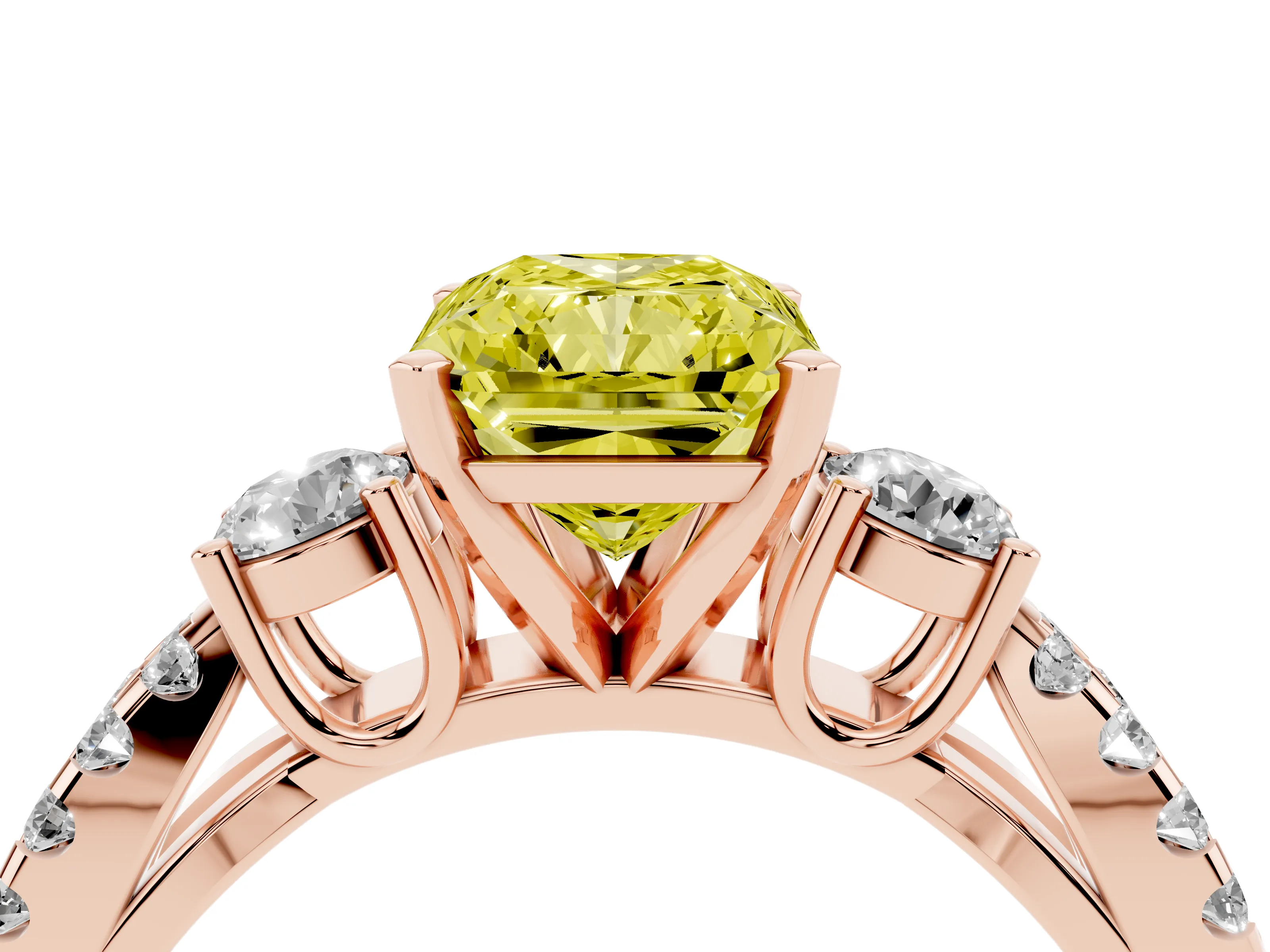 Fancy Yellow Radiant Cut Diamond Three-Stone Ring Set in Rose gold with Pavé Split Shank and Prong Setting