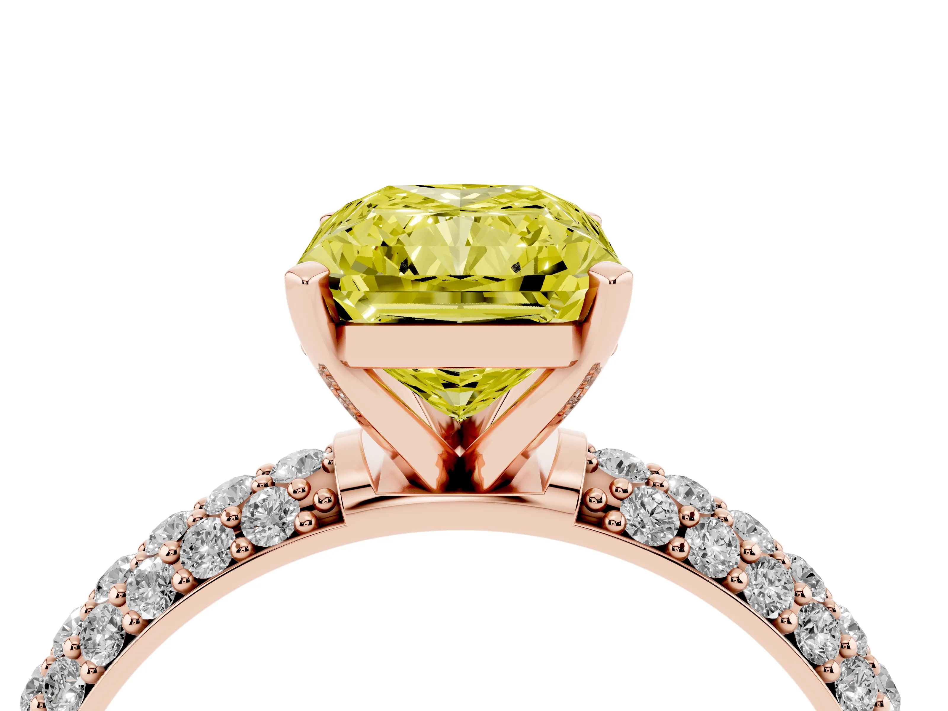 Fancy Yellow Radiant Cut Diamond Solitaire Ring Set in Rose gold with Prong Setting and Pavé-Set Band