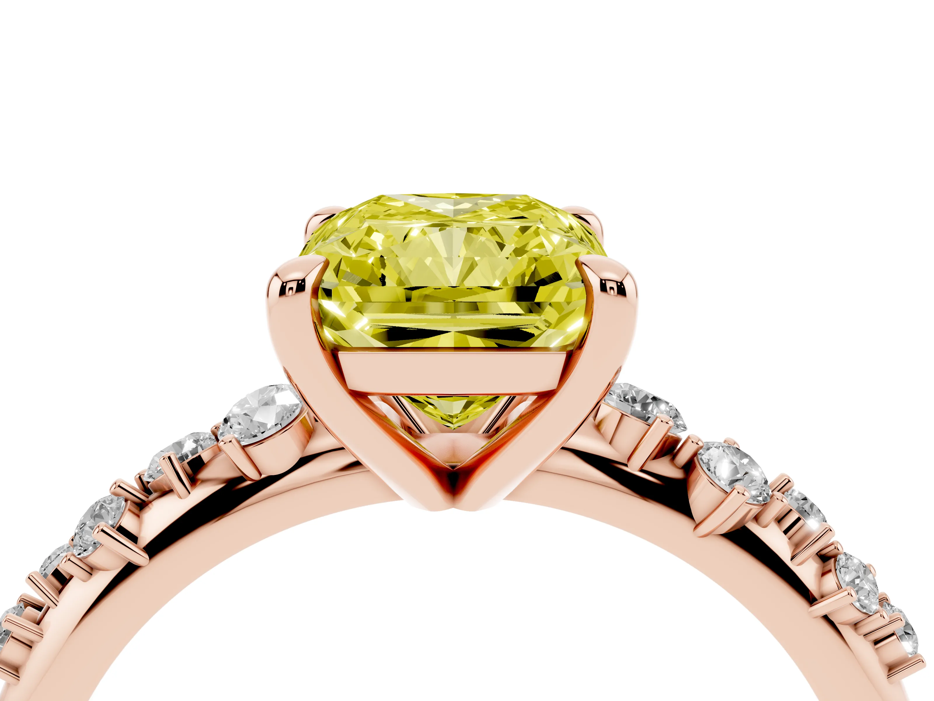 Fancy Yellow Radiant Cut Diamond Solitaire Vine Band Ring Set in Rose gold with Round Accents and Prong Setting