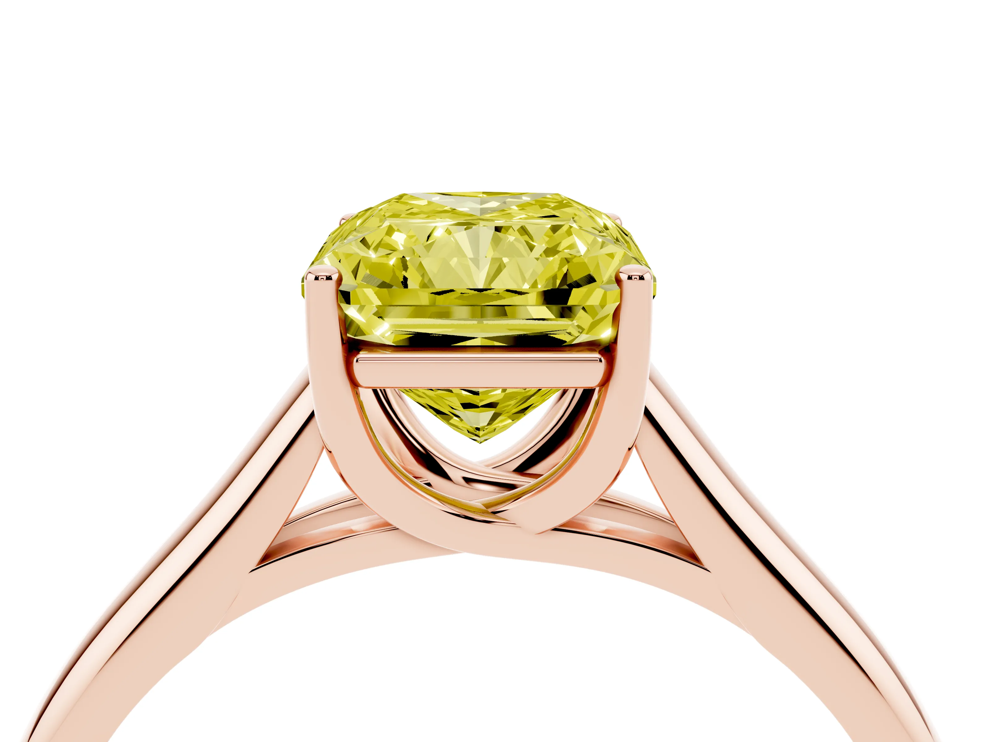 Fancy Yellow Radiant Cut Diamond Solitaire Engagement Ring Set in Rose gold with Subtly Tapered Band and Prong Setting