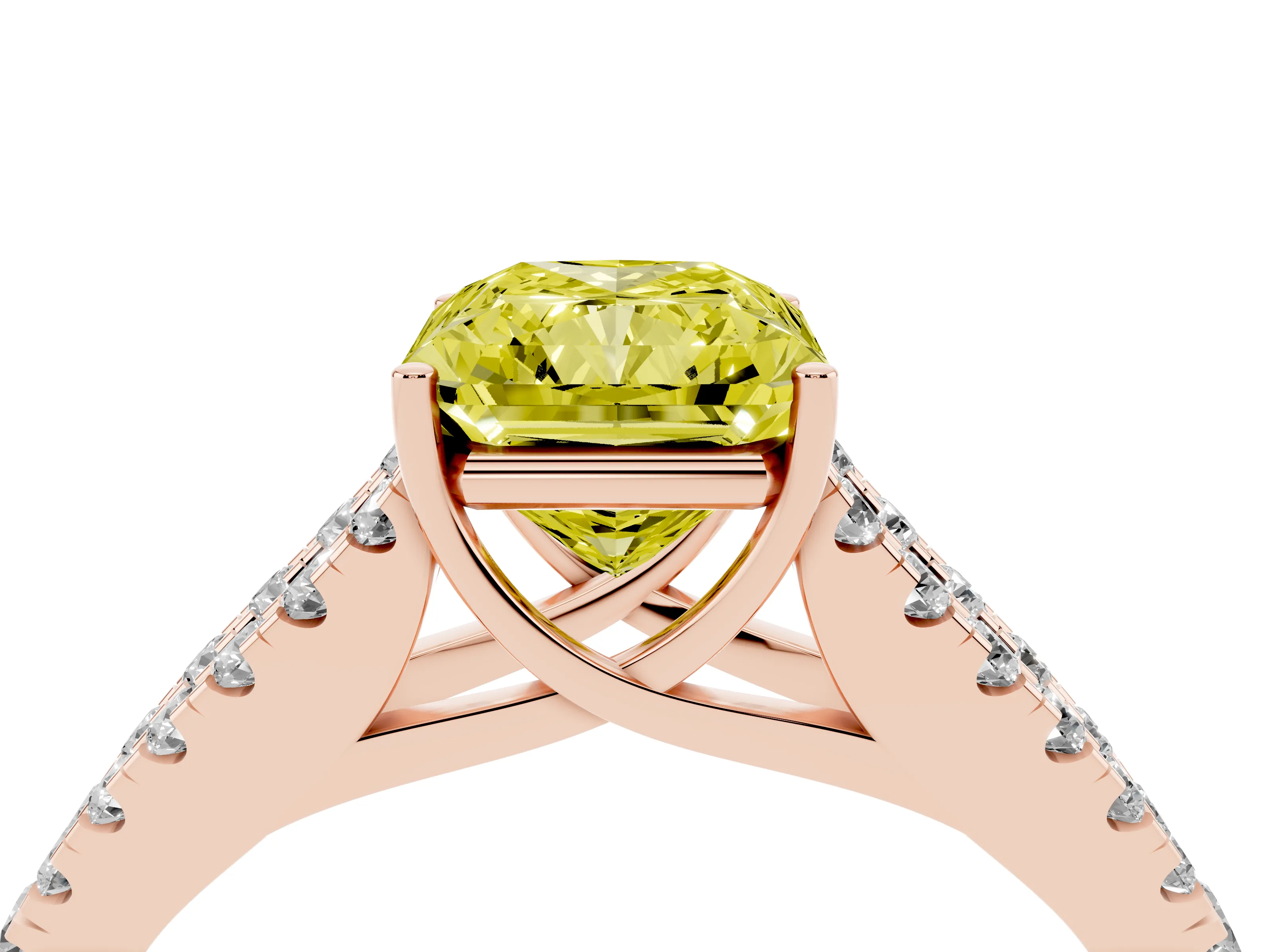 Fancy Yellow Radiant Cut Diamond Split Shank Pavé Engagement Ring Set in Rose gold with Prong-Held Center Stone