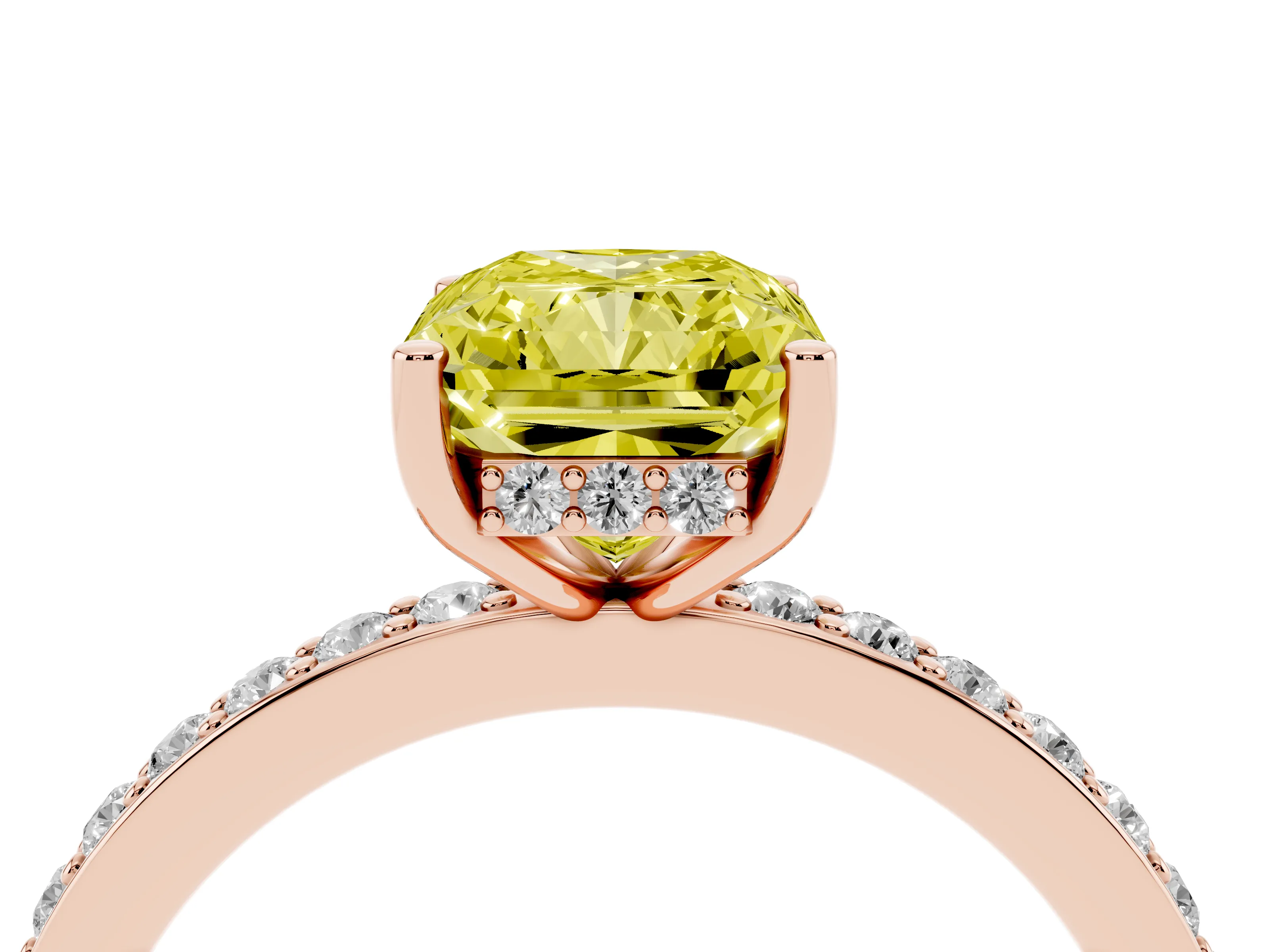 Fancy Yellow Radiant Cut Diamond Pavé Band Ring Set in Rose gold with Prong-Set Center Stone