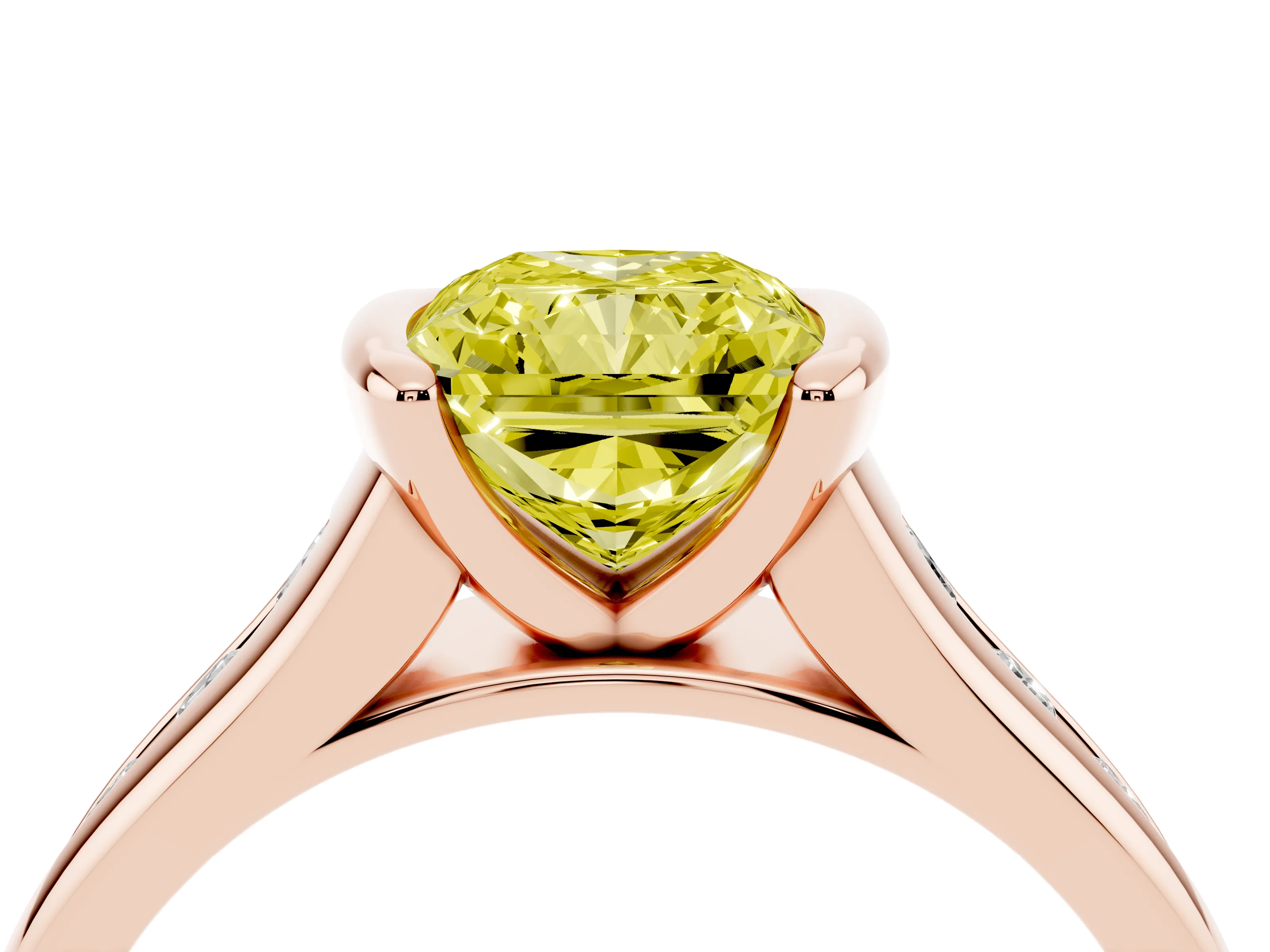 Fancy Yellow Radiant Cut Diamond Bezel-Set Solitaire Ring Set in Rose gold with Channel-Set Band
