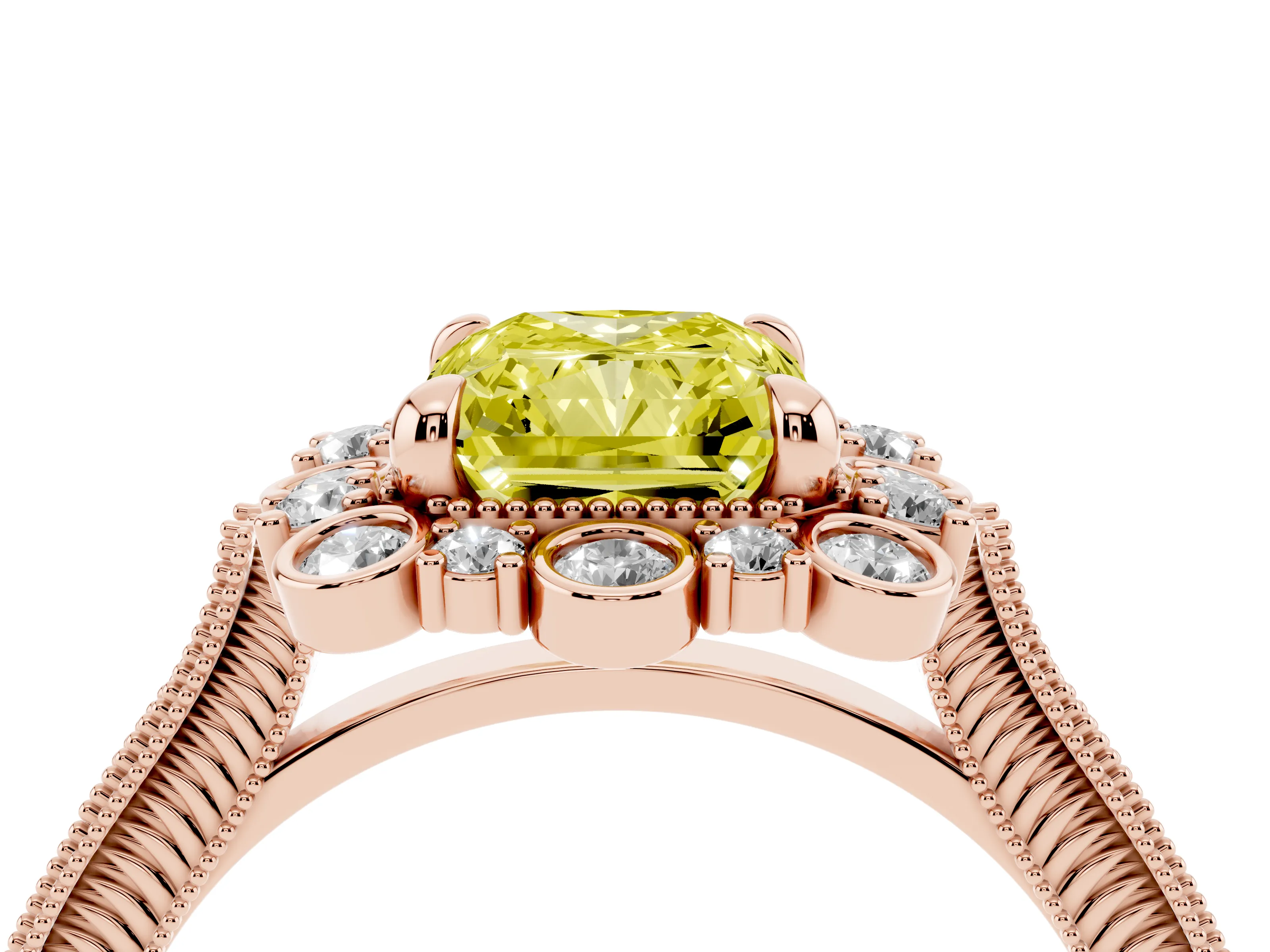 Fancy Yellow Radiant Cut Diamond Halo Milgrain Pavé Ring Set in Rose gold with Prong Setting