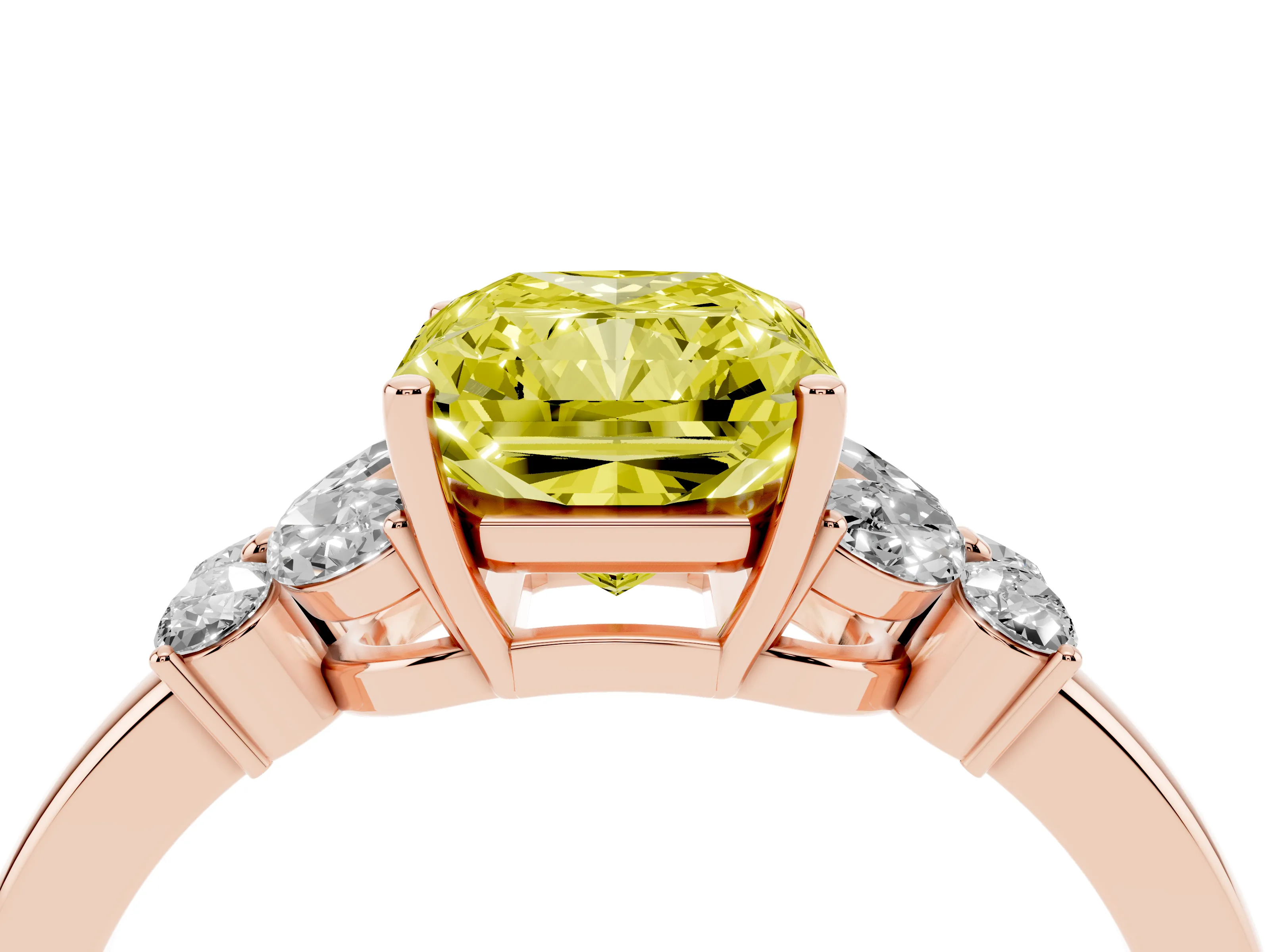 Fancy Yellow Radiant Cut Diamond Solitaire Floral Ring Set in Rose gold with Marquise Petals and Prong Setting