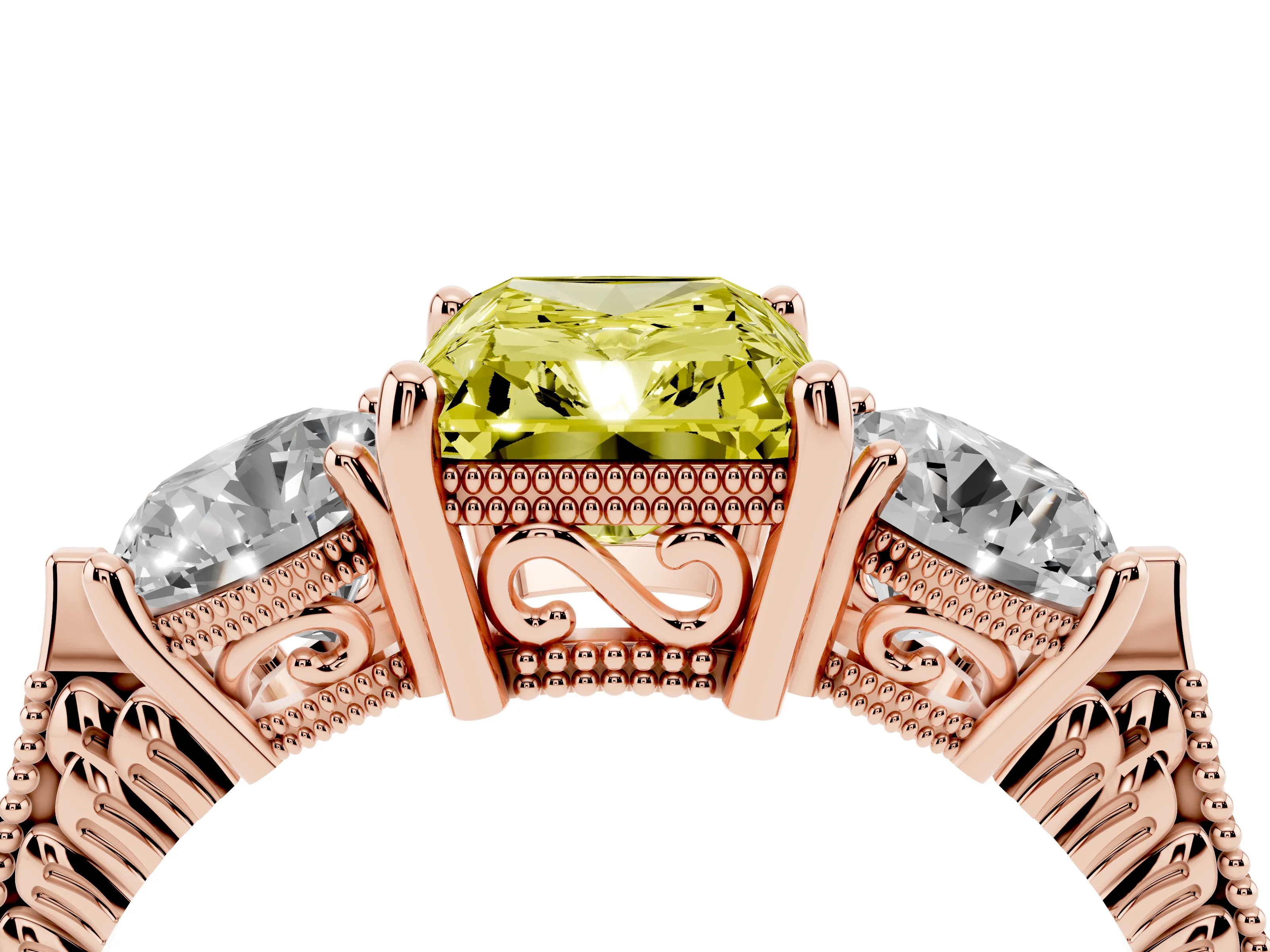 Fancy Yellow Radiant Cut Diamond Three-Stone Ring Set in Rose gold with Milgrain Band