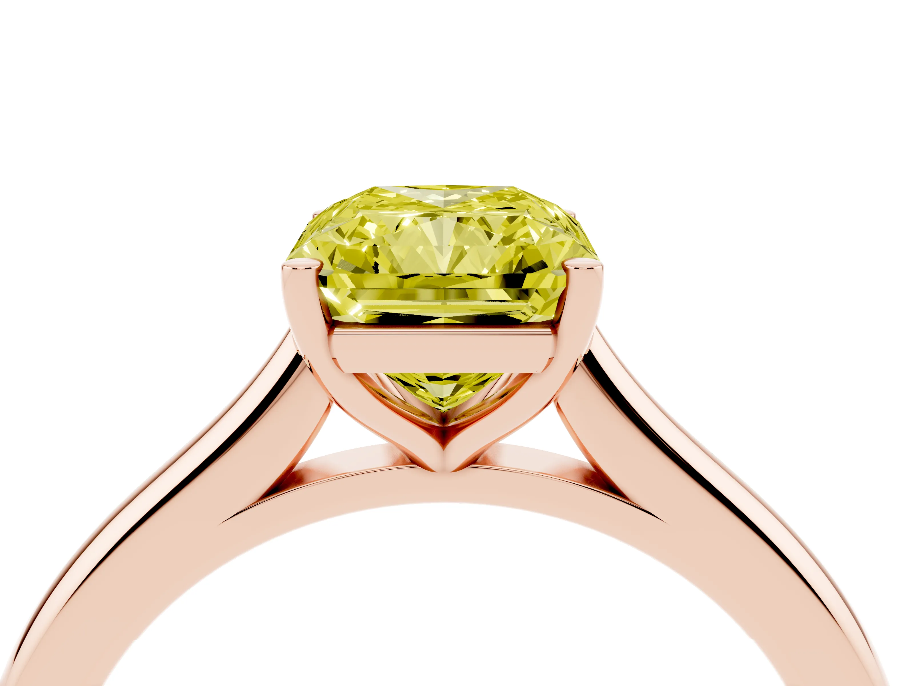 Fancy Yellow Radiant Cut Diamond Solitaire Ring Set in Rose gold with Cathedral Band and Prong Setting
