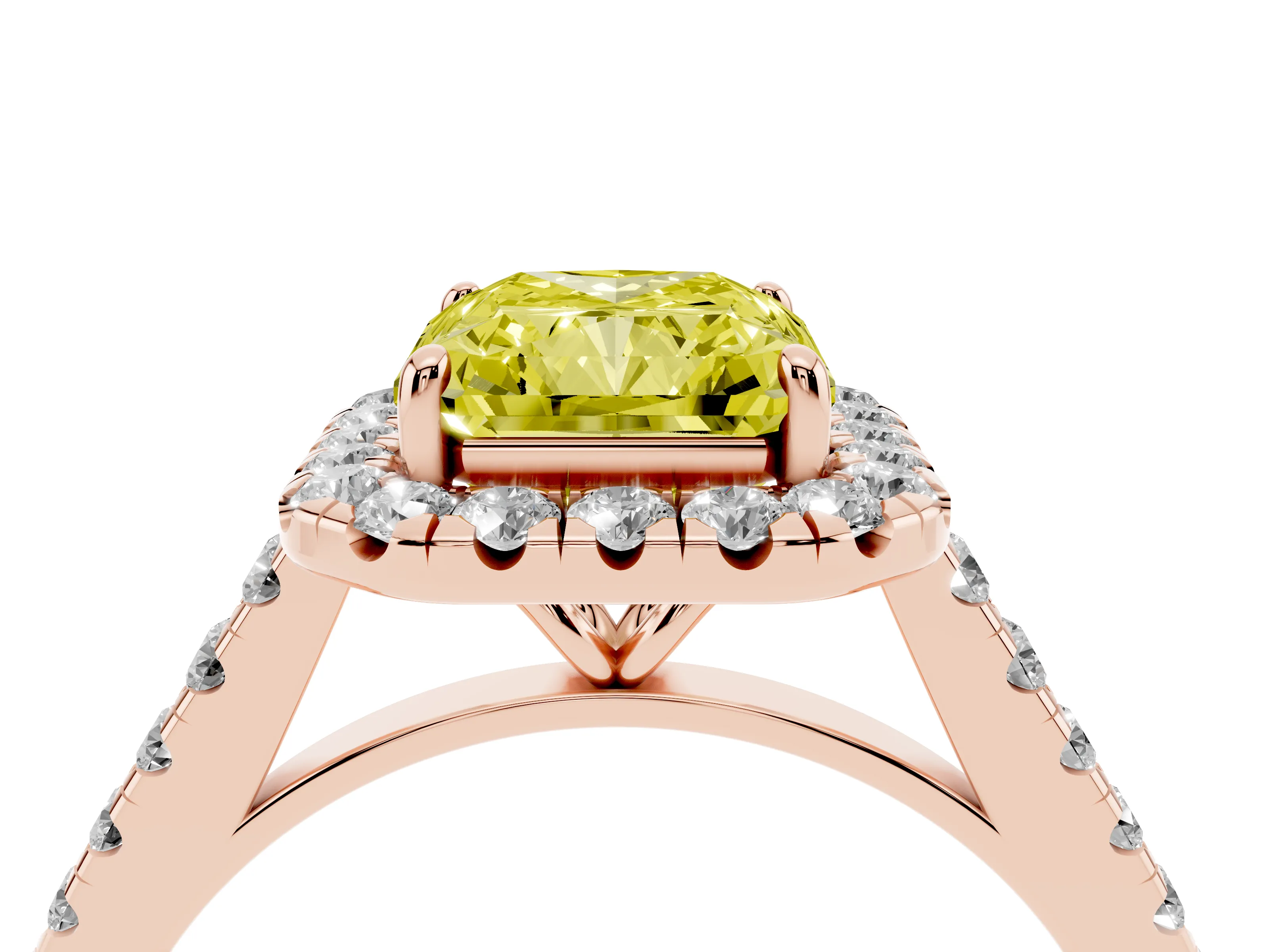 Fancy Yellow Radiant Cut Diamond Halo Pavé Engagement Ring Set in Rose gold with Prong Setting