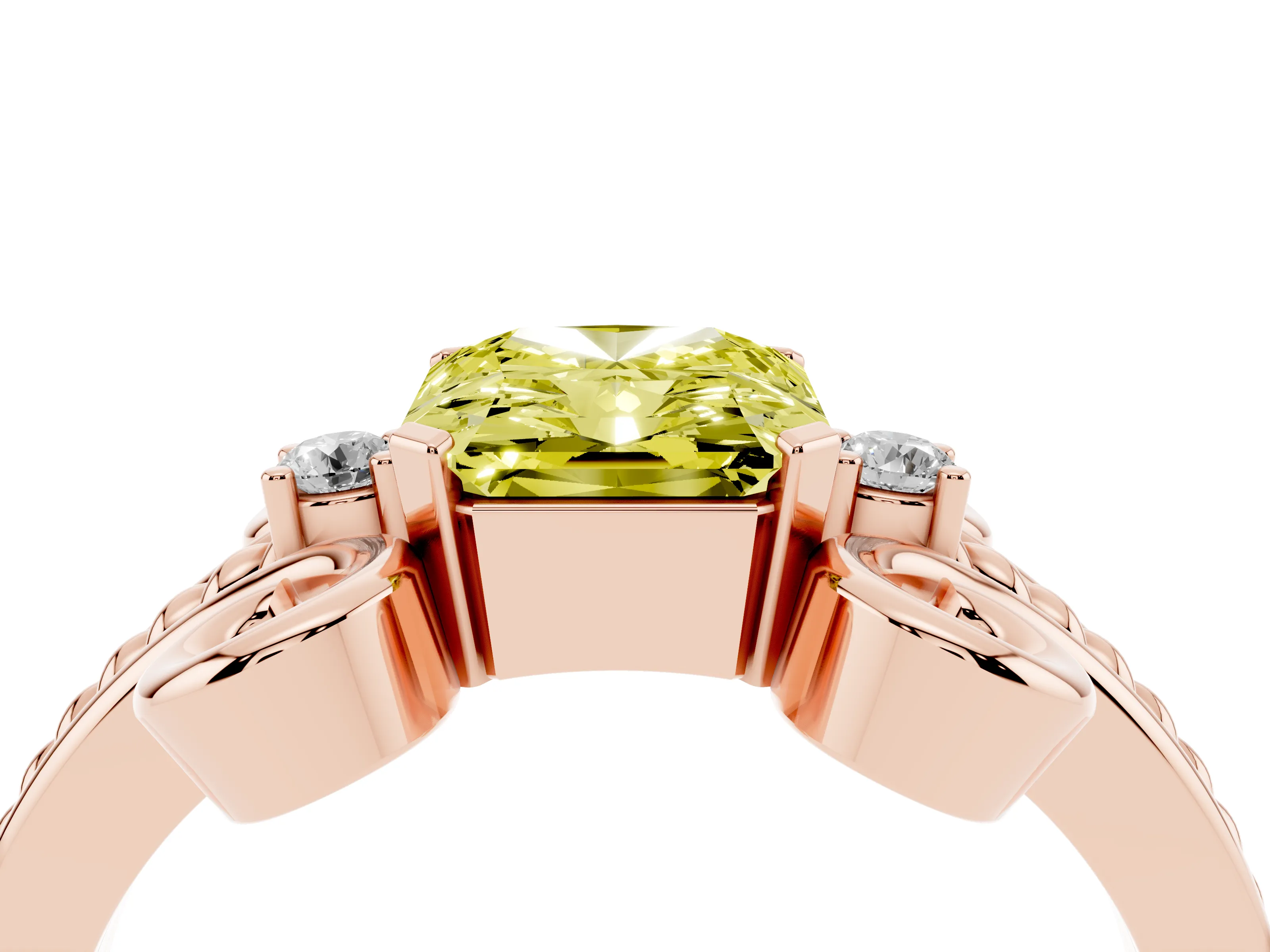 Fancy Yellow Radiant Cut Diamond Twisted Band Solitaire Ring Set in Rose gold with Scroll Prongs