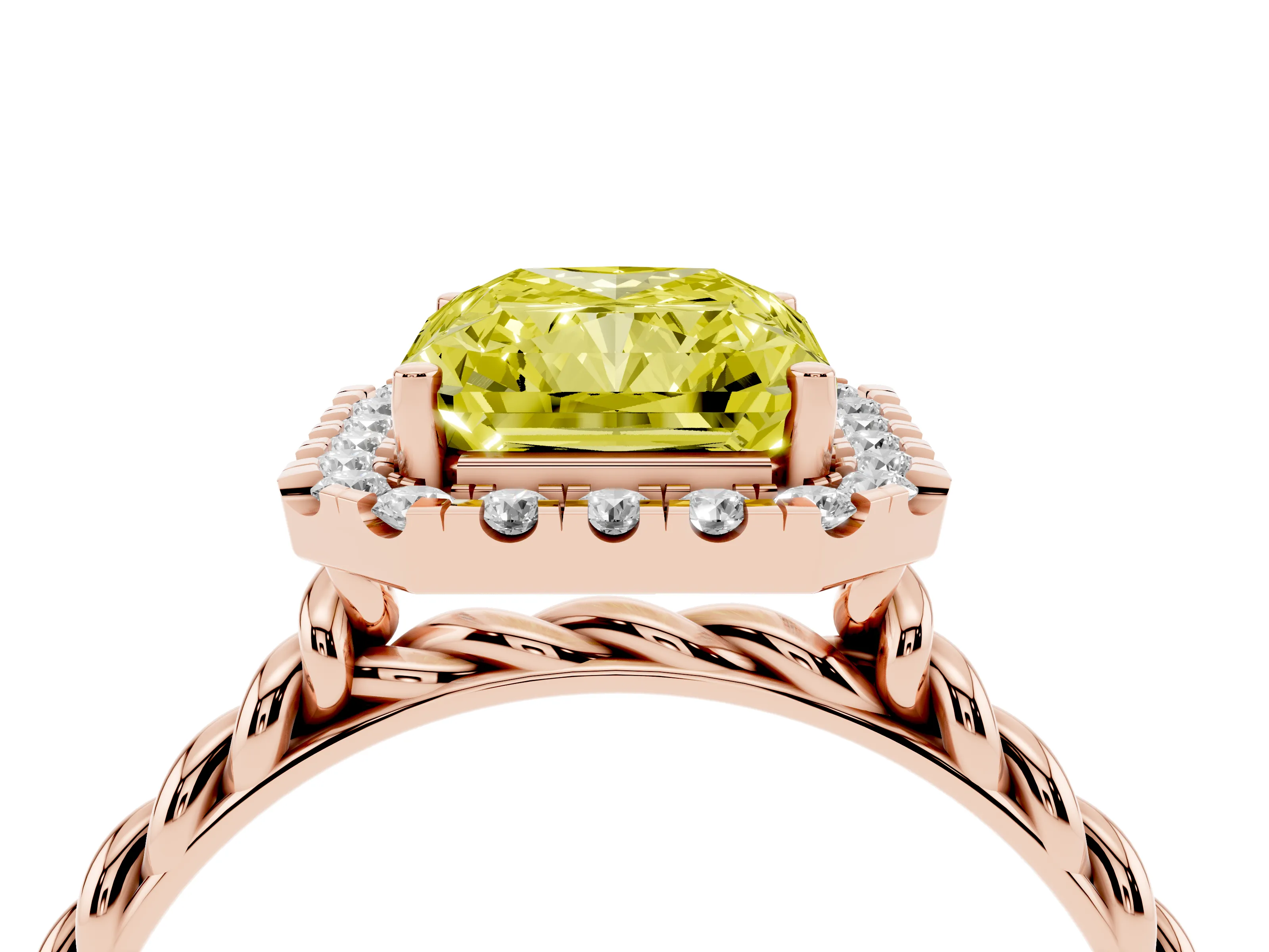 Fancy Yellow Radiant Cut Diamond Halo Ring Set in Rose gold with Plain Twisted Band
