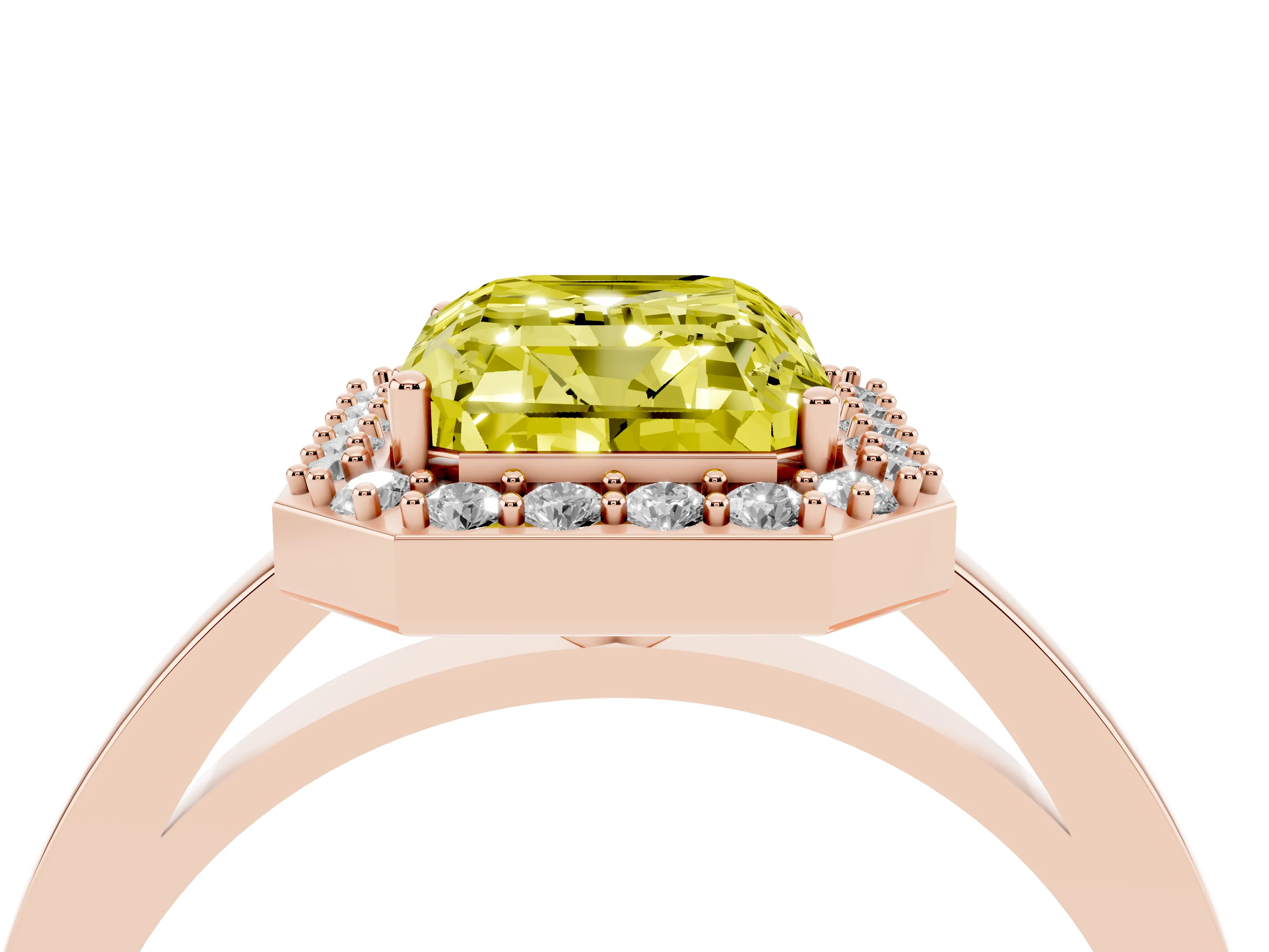 Fancy Yellow Radiant Cut Diamond Halo Ring Set in Rose gold with Solitaire Band and Prong Setting