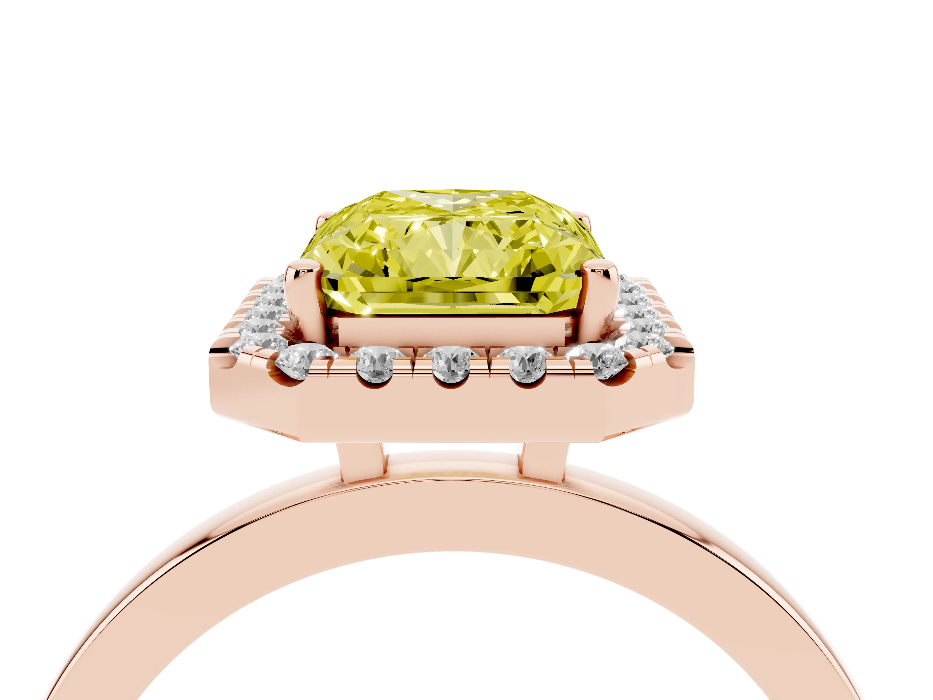 Fancy Yellow Radiant Cut Diamond Halo Solitaire Ring Set in Rose gold with Pavé Band and Prong Setting