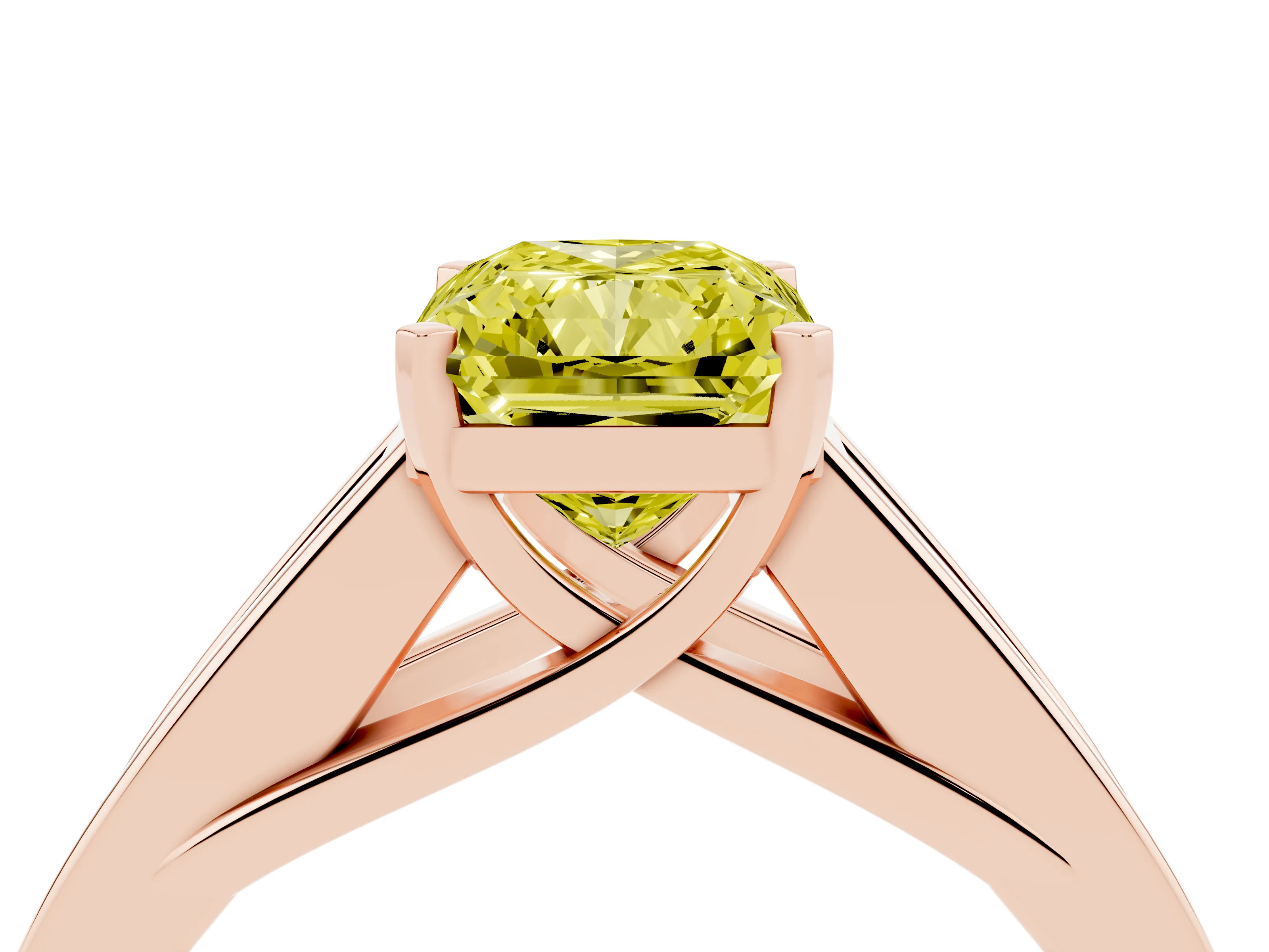 Fancy Yellow Radiant Cut Diamond Solitaire Ring Set in Rose gold with Channel-Set Accent Stones and Prong Setting
