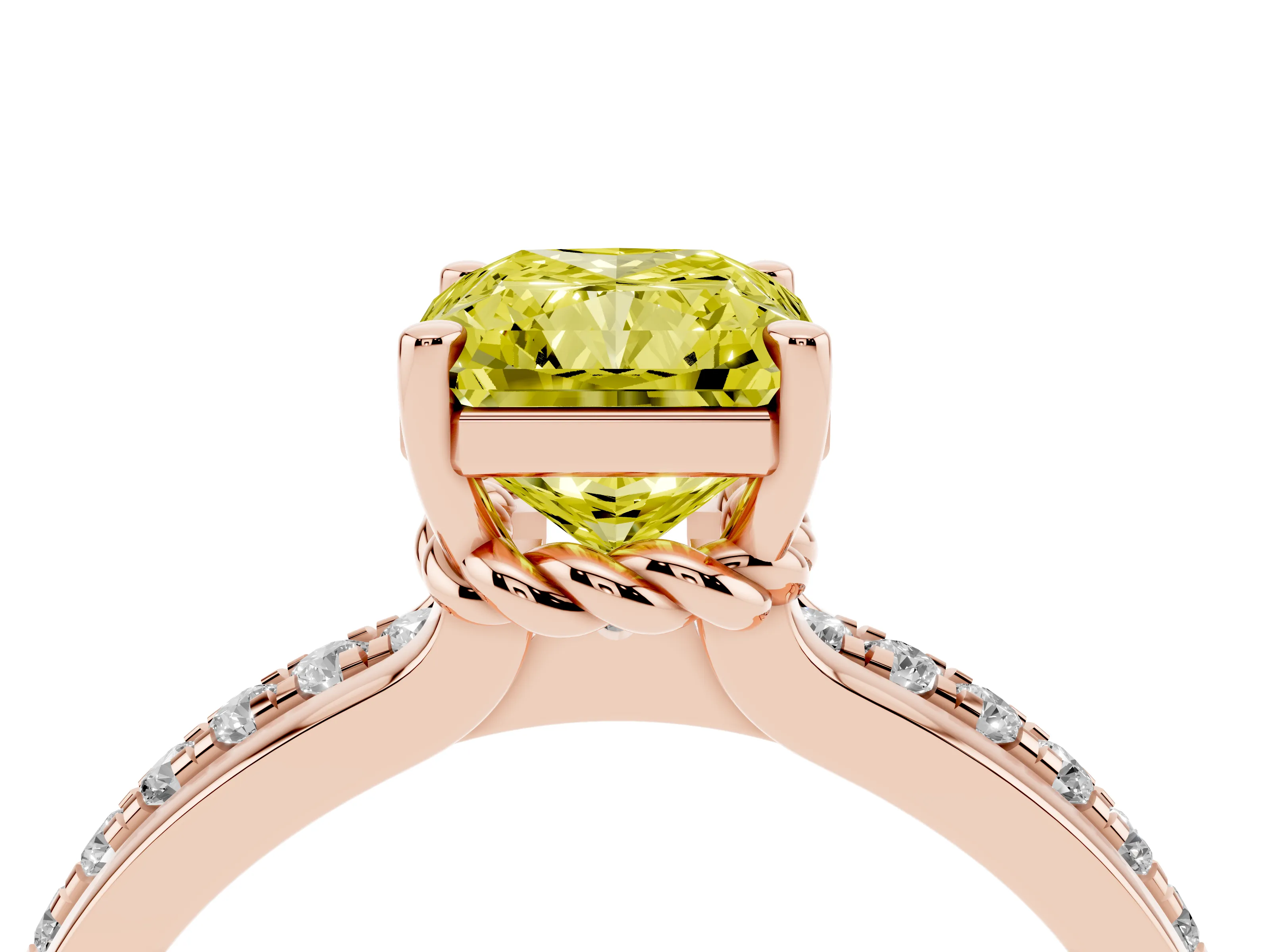 Fancy Yellow Radiant Cut Diamond Solitaire Ring Set in Rose gold with Channel Set Band and Prong Setting