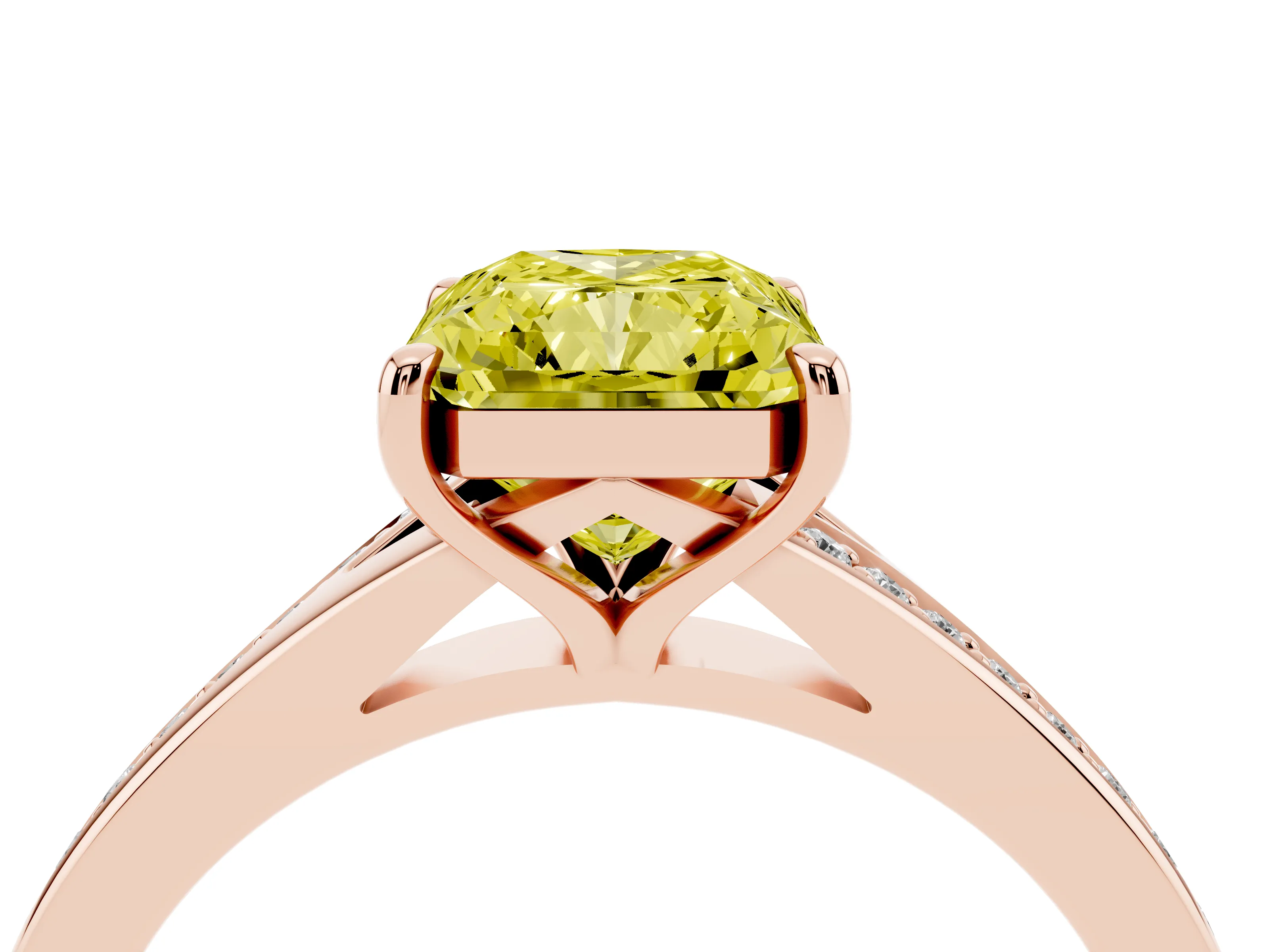 Fancy Yellow Radiant Cut Diamond Solitaire Ring Set in Rose gold with Pavé Accent Band and Classic Prong Setting