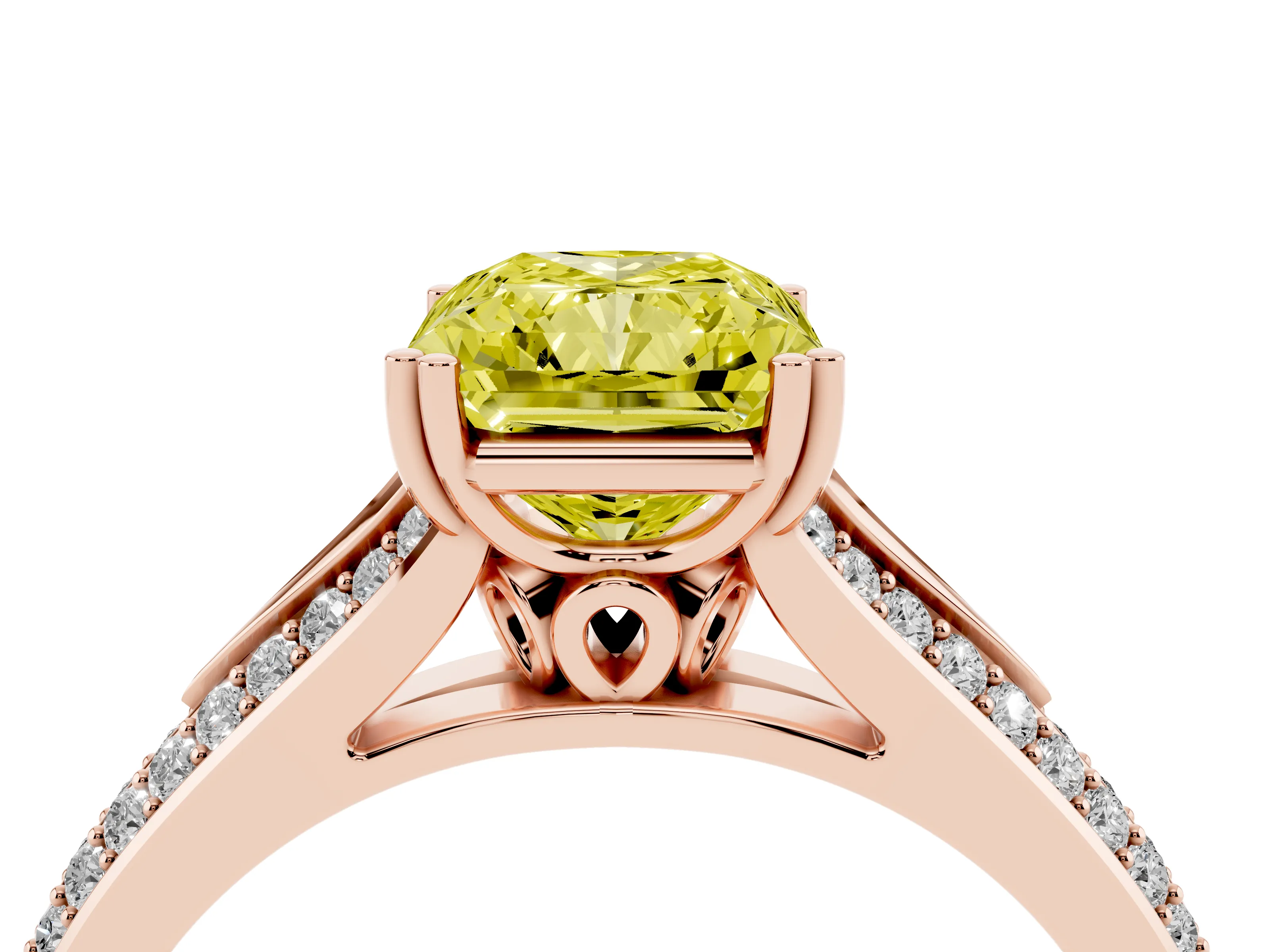 Fancy Yellow Radiant Cut Diamond Split Shank Pavé Engagement Ring Set in Rose gold with Prong-Set Center Stone