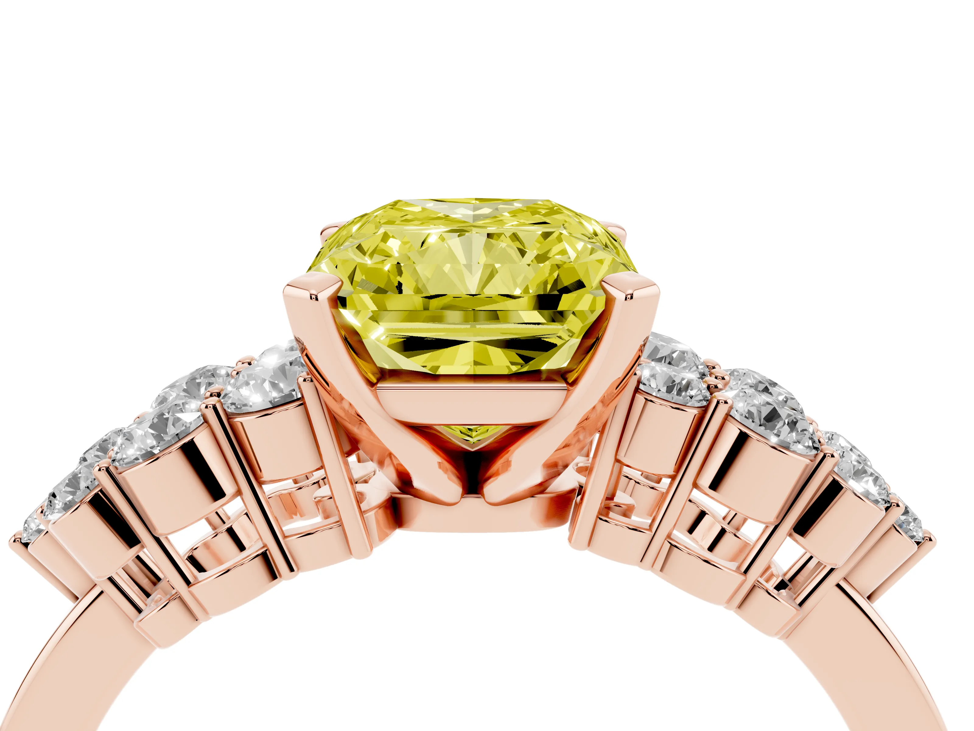 Fancy Yellow Radiant Cut Diamond Cluster Engagement Ring Set in Rose gold with Pavé Band and Prong Setting