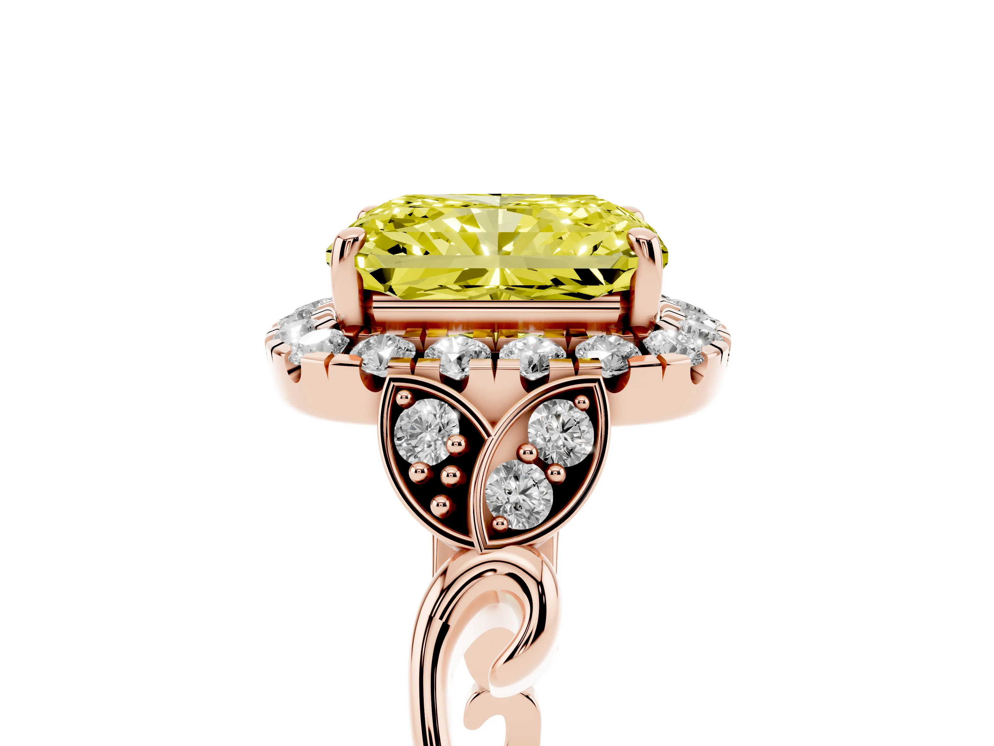 Fancy Yellow Radiant Cut Diamond Halo Engagement Ring Set in Rose gold with Vintage-Inspired Band and Prong Setting