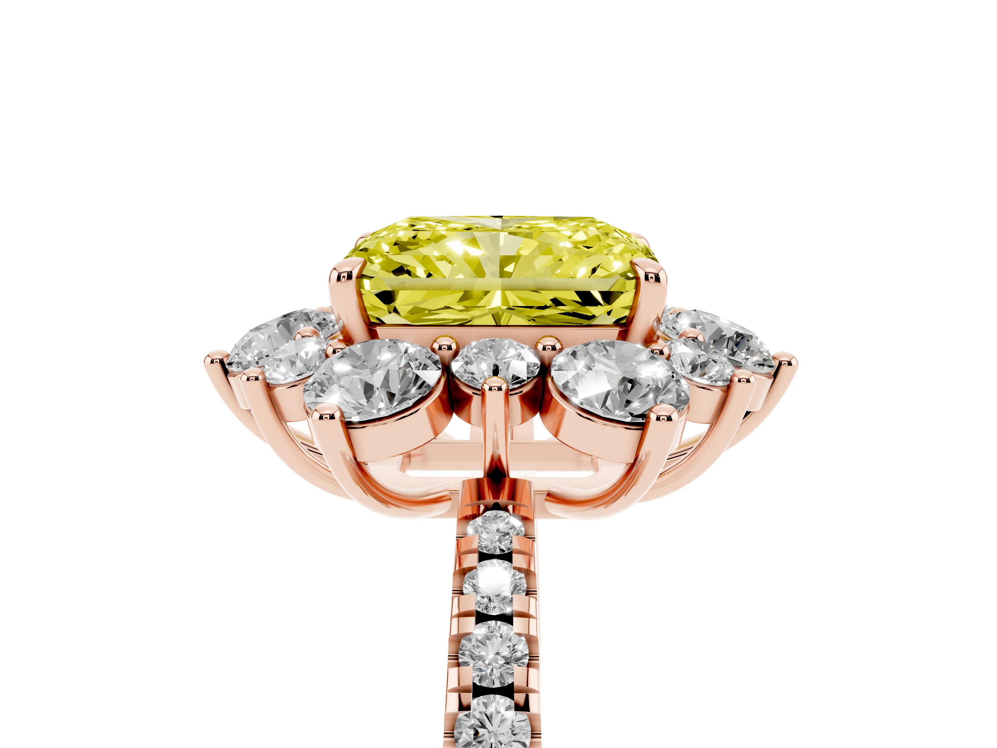 Fancy Yellow Radiant Cut Diamond Floral Halo Ring Set in Rose gold with Round Pavé Band and Prong Setting