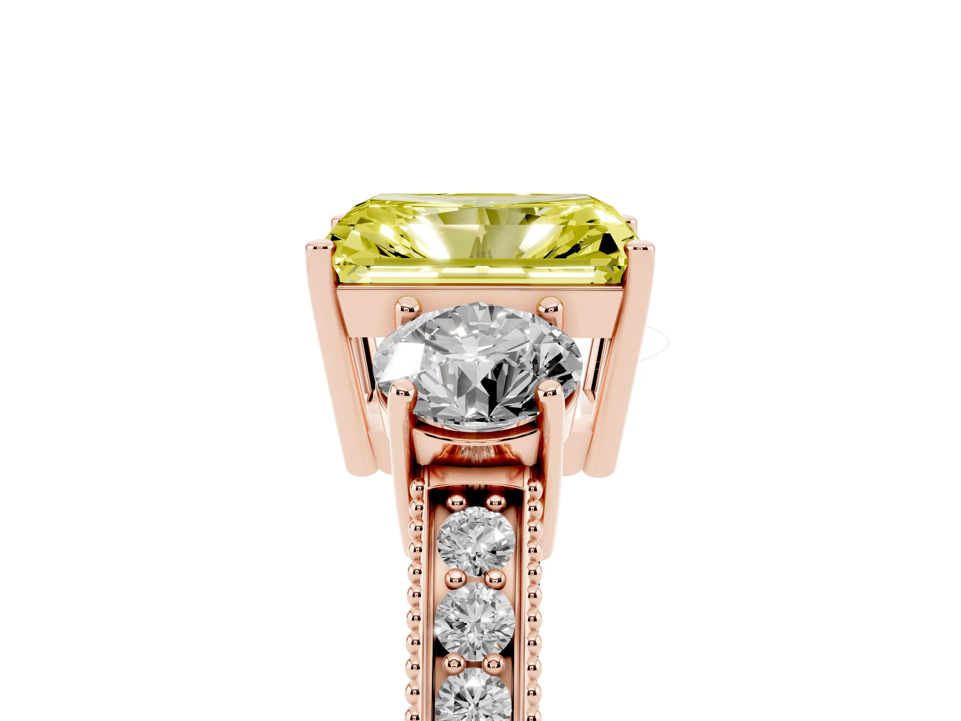 Fancy Yellow Radiant Cut Diamond Three-Stone Ring Set in Rose gold with Round Side Stones and Pavé Band