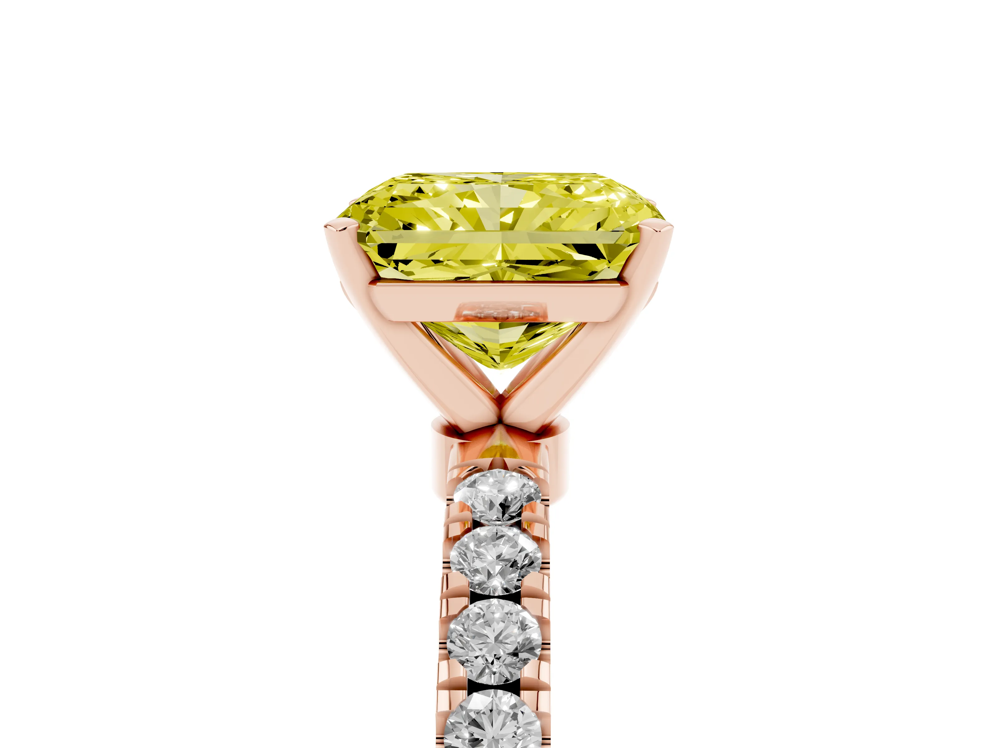 Fancy Yellow Radiant Cut Diamond Solitaire Ring Set in Rose gold with Pavé Accents and Prong Setting