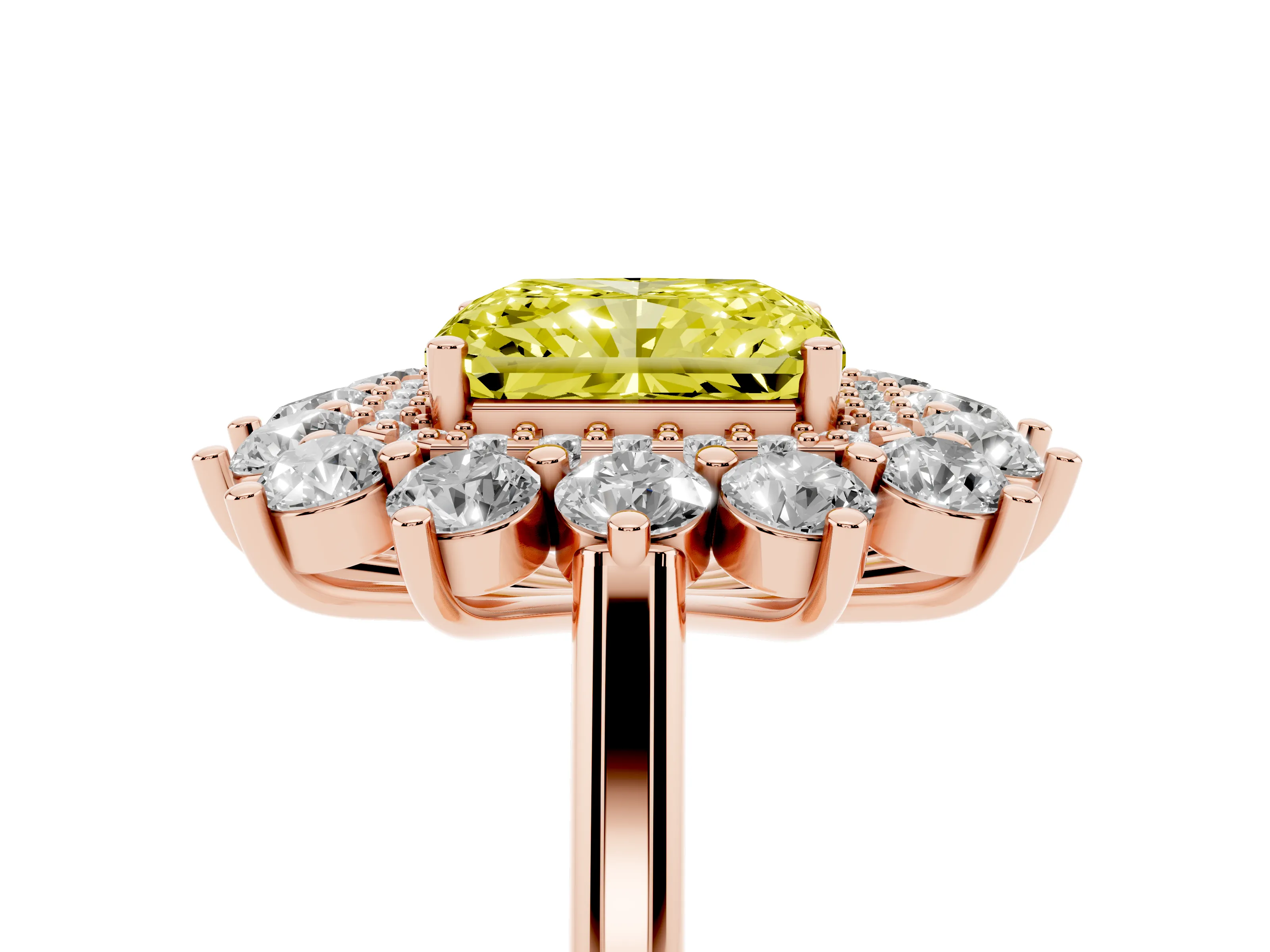 Fancy Yellow Radiant Cut Diamond Floral Double Halo Ring Set in Rose gold with Round Petals
