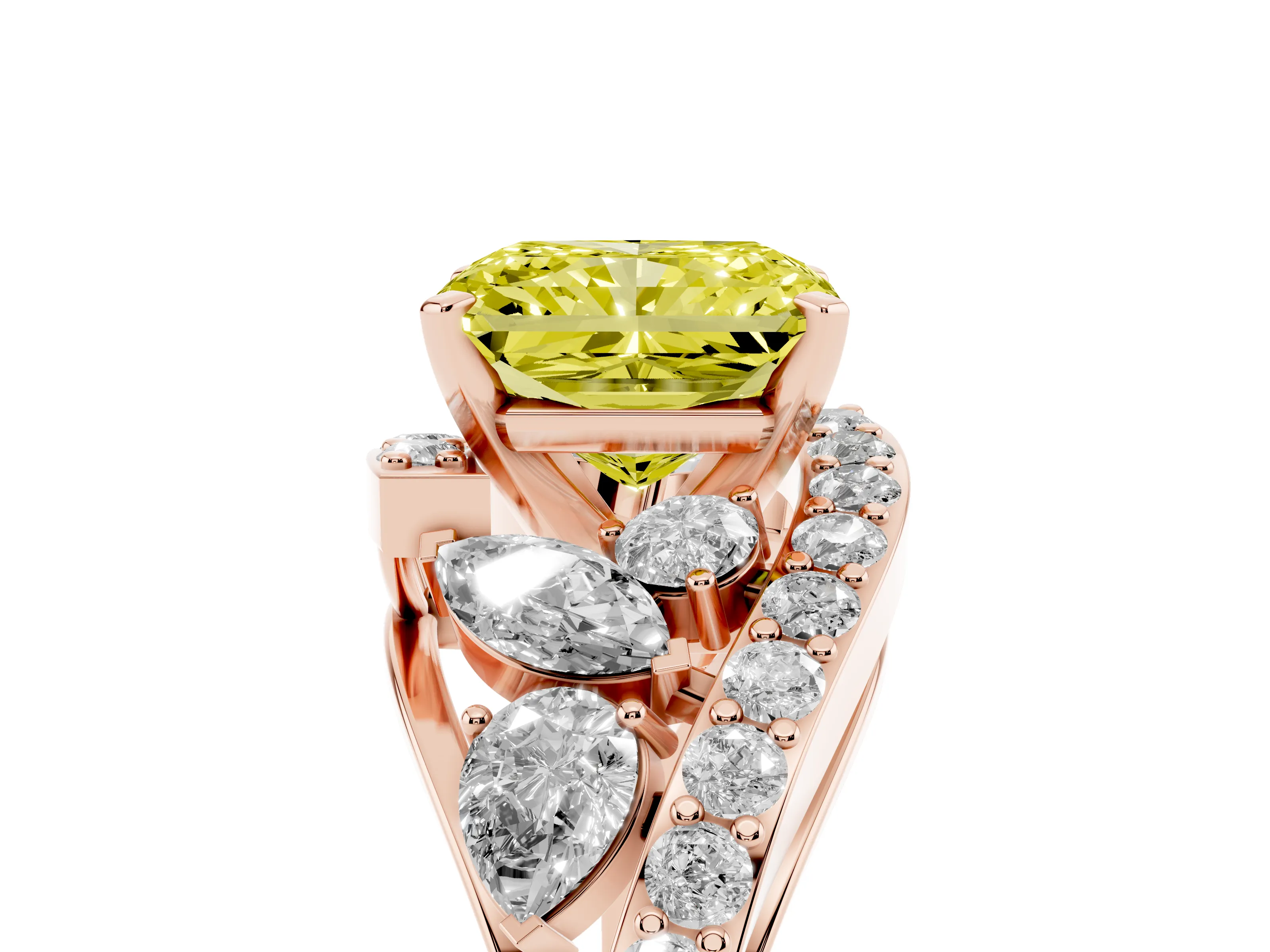 Fancy Yellow Radiant Cut Diamond Halo Ring Set in Rose gold with Marquise and Pavé Band in Prong Setting