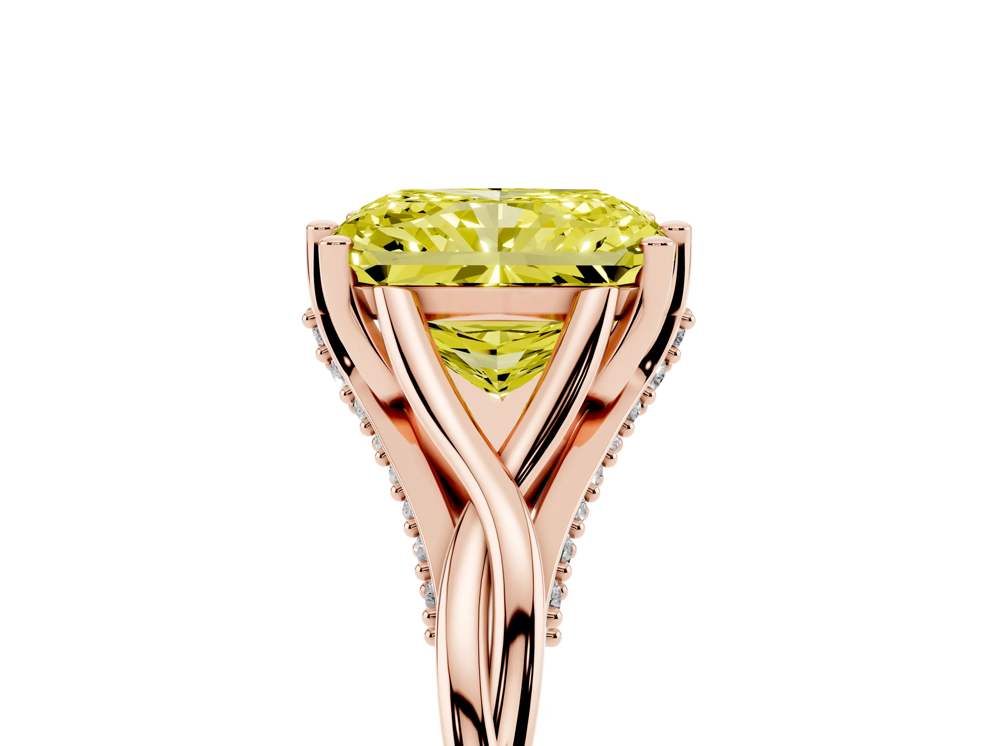 Fancy Yellow Radiant Cut Diamond Intertwined Twist Band Solitaire Ring Set in Rose gold with Prong Setting