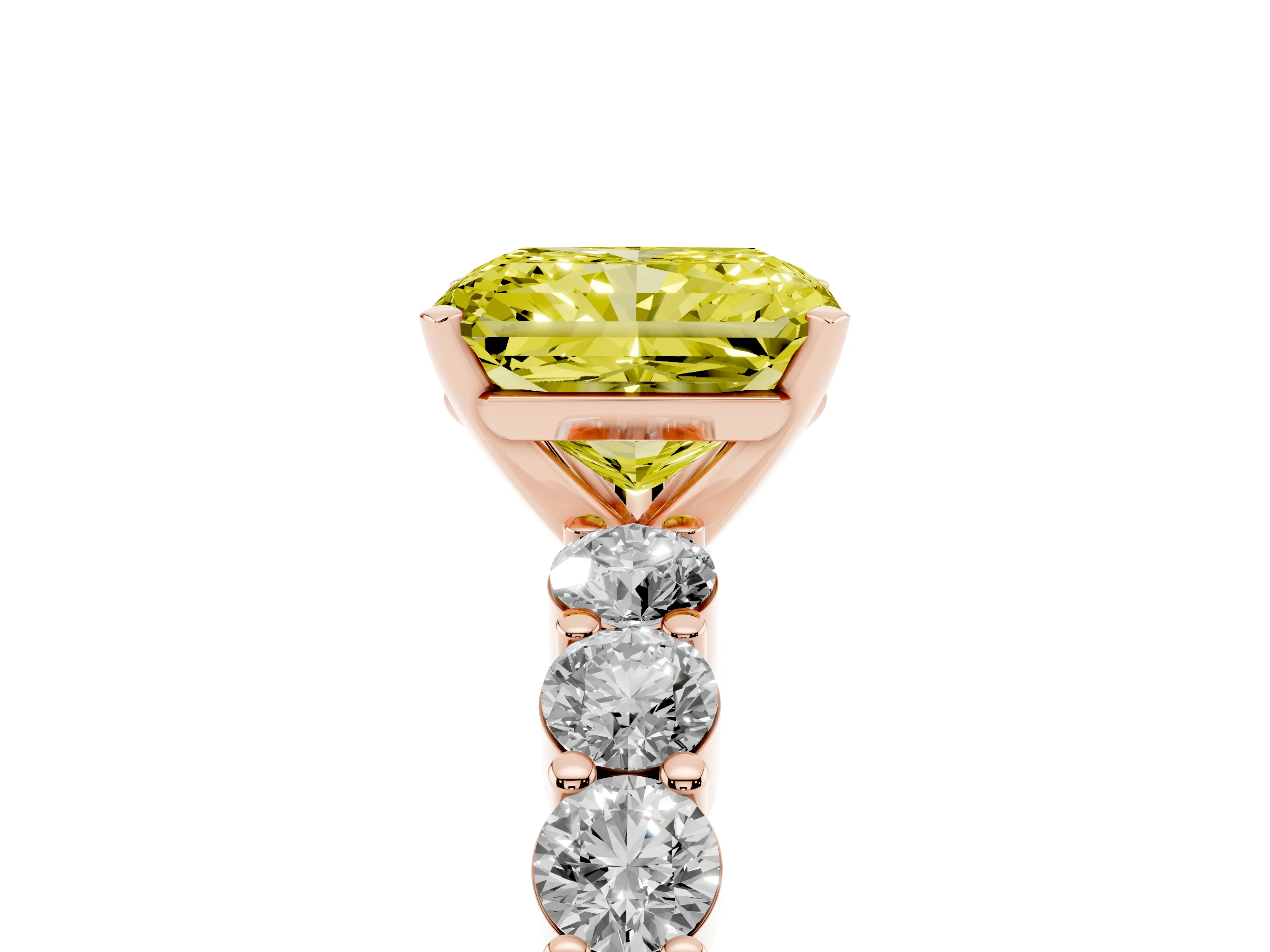 Fancy Yellow Radiant Cut Diamond Solitaire Ring Set in Rose gold with Shared Prong Round Side Stones