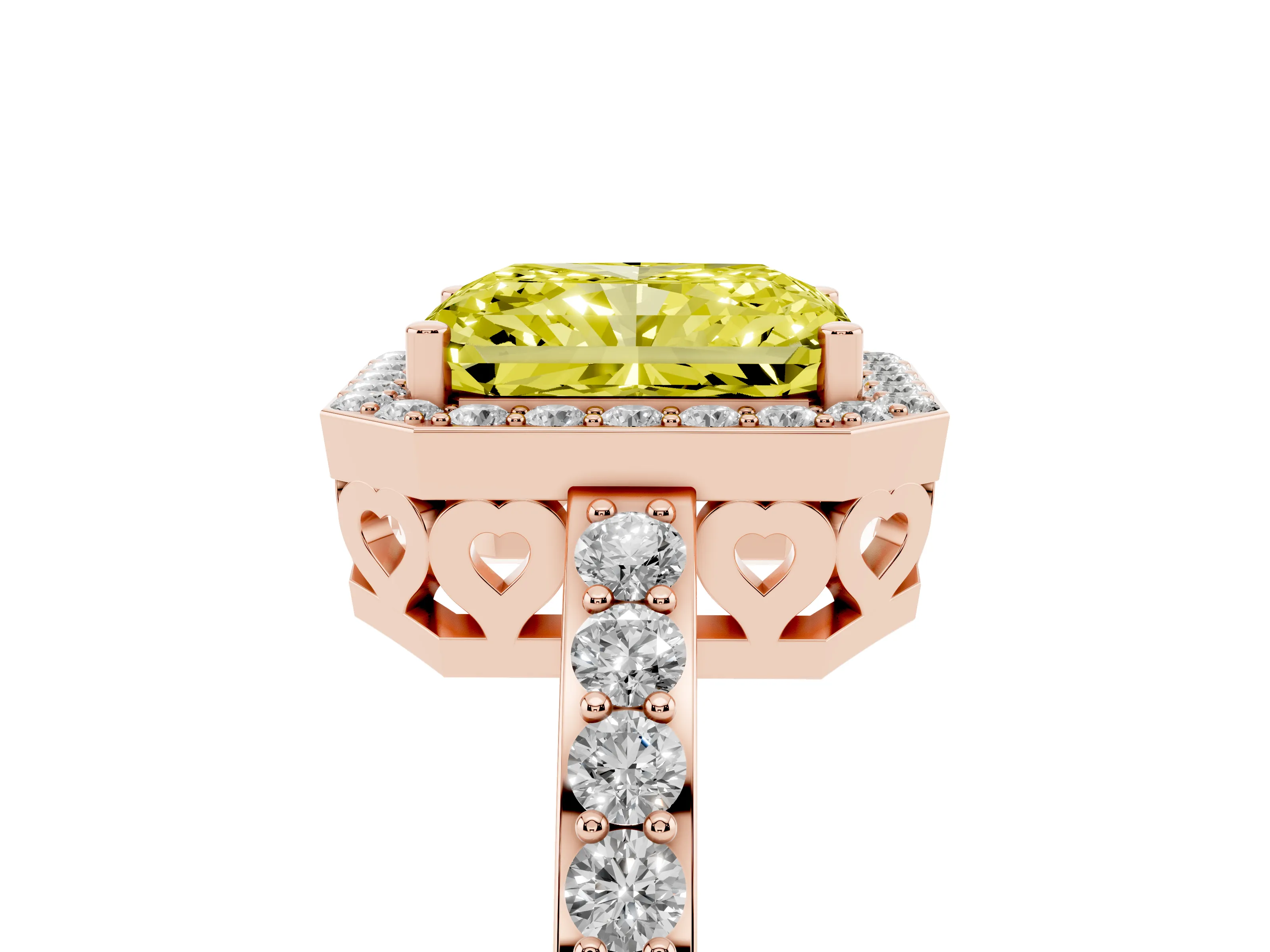 Fancy Yellow Radiant Cut Diamond Halo Ring Set in Rose gold with Pavé-Setting Band and Open Prong Center