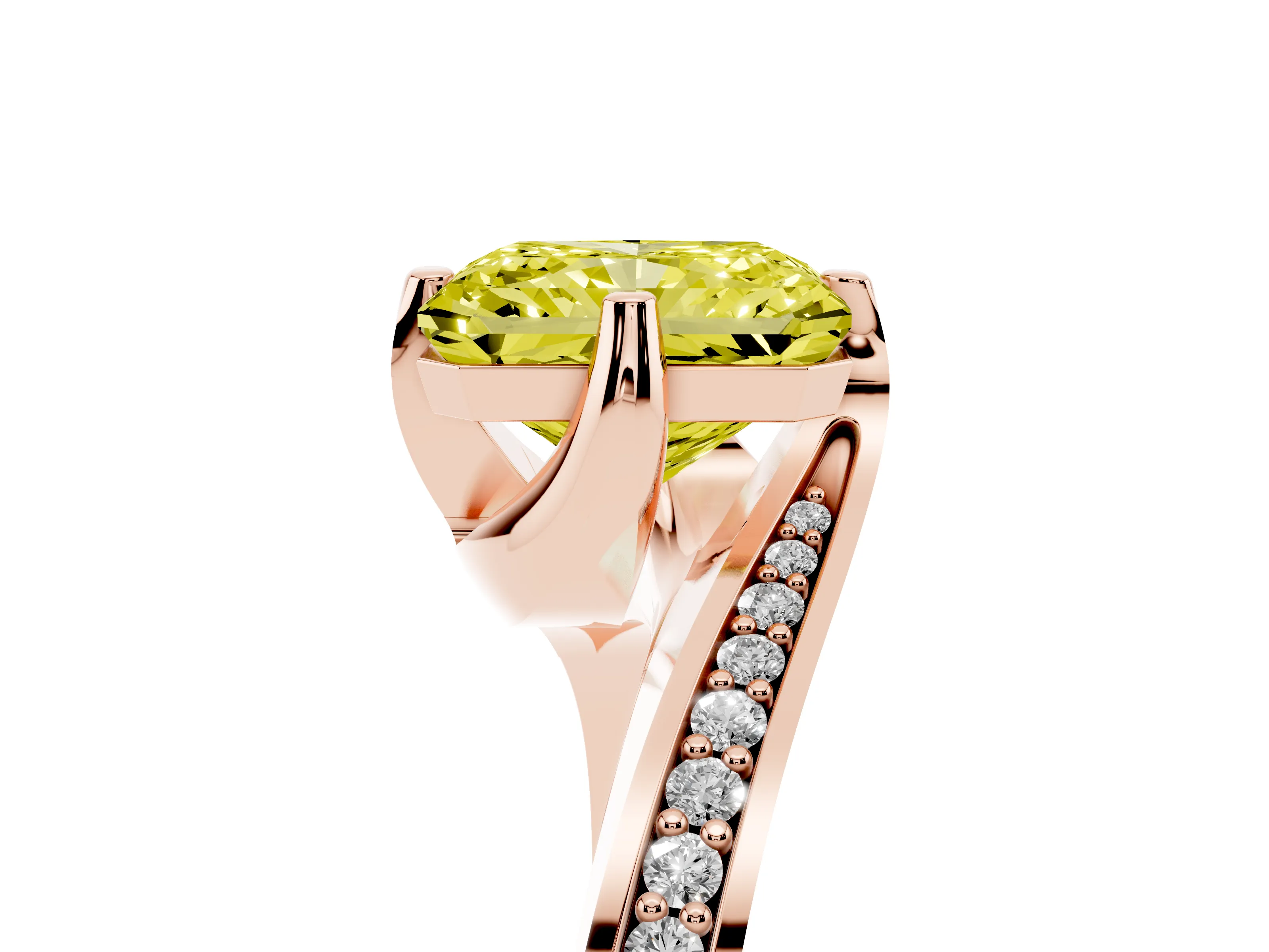 Fancy Yellow Radiant Cut Diamond Solitaire Ring Set in Rose gold with Intertwined Pavé Twist Band