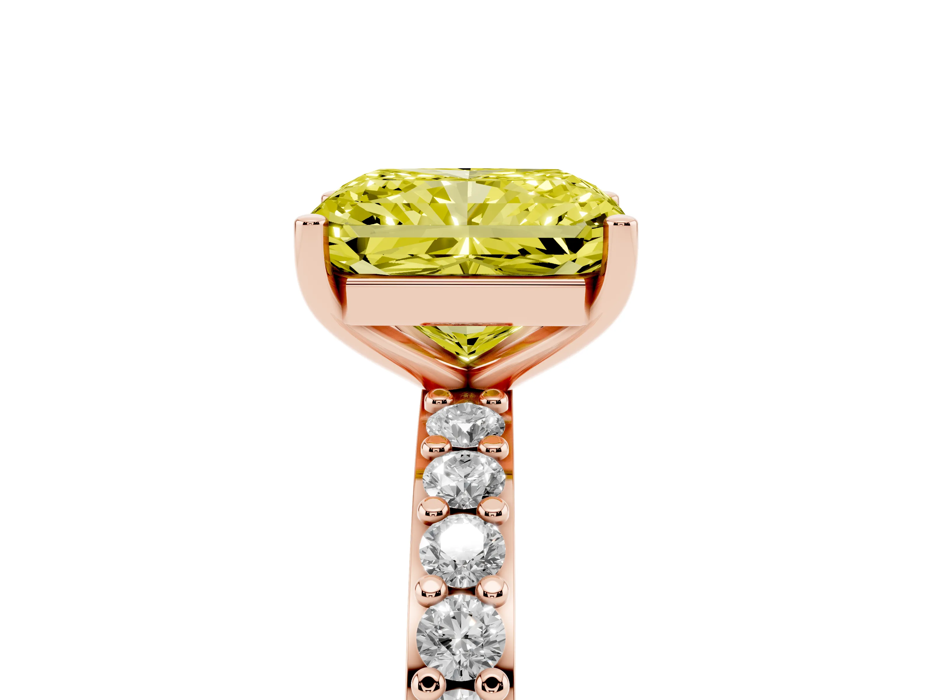 Fancy Yellow Radiant Cut Diamond Solitaire Set in Rose gold with Round Pavé Band and Prong Setting