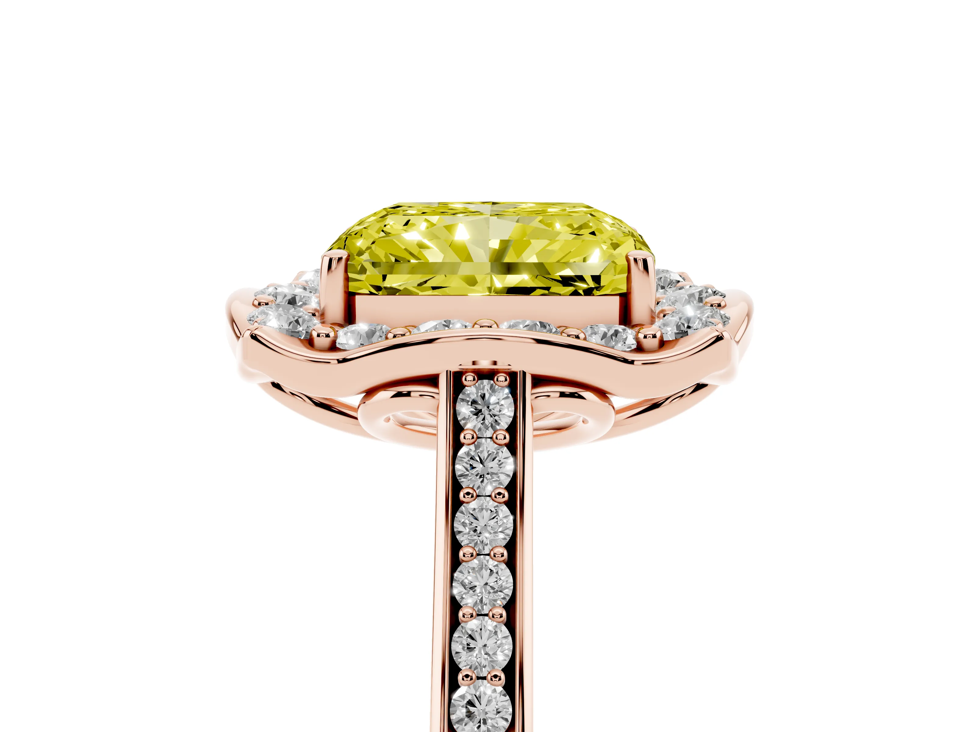 Fancy Yellow Radiant Cut Diamond Halo Ring Set in Rose gold with Pavé-Lined Shoulders and Prong Setting