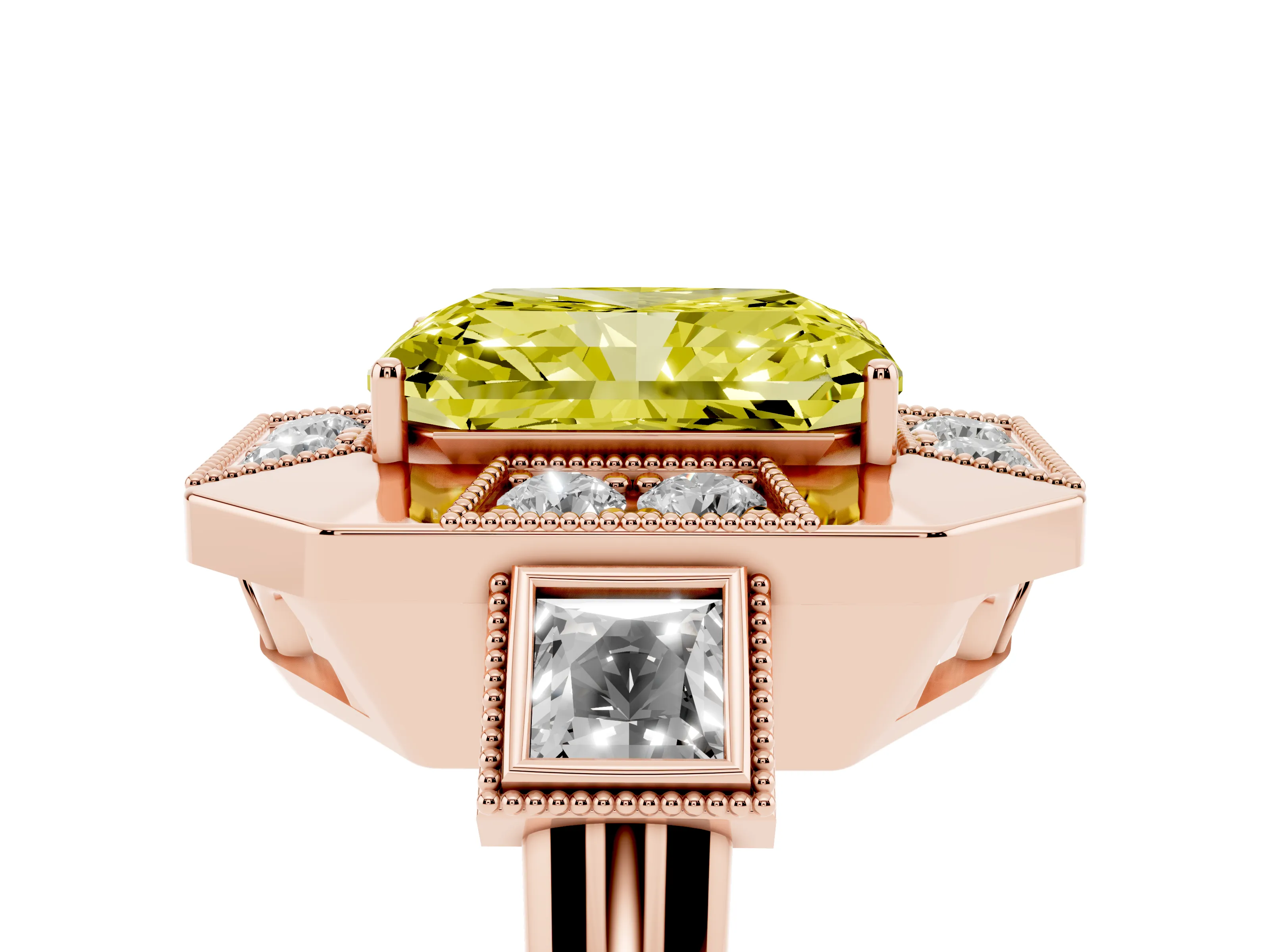 Fancy Yellow Radiant Cut Diamond Milgrain Halo Ring Set in Rose gold with Split Shank