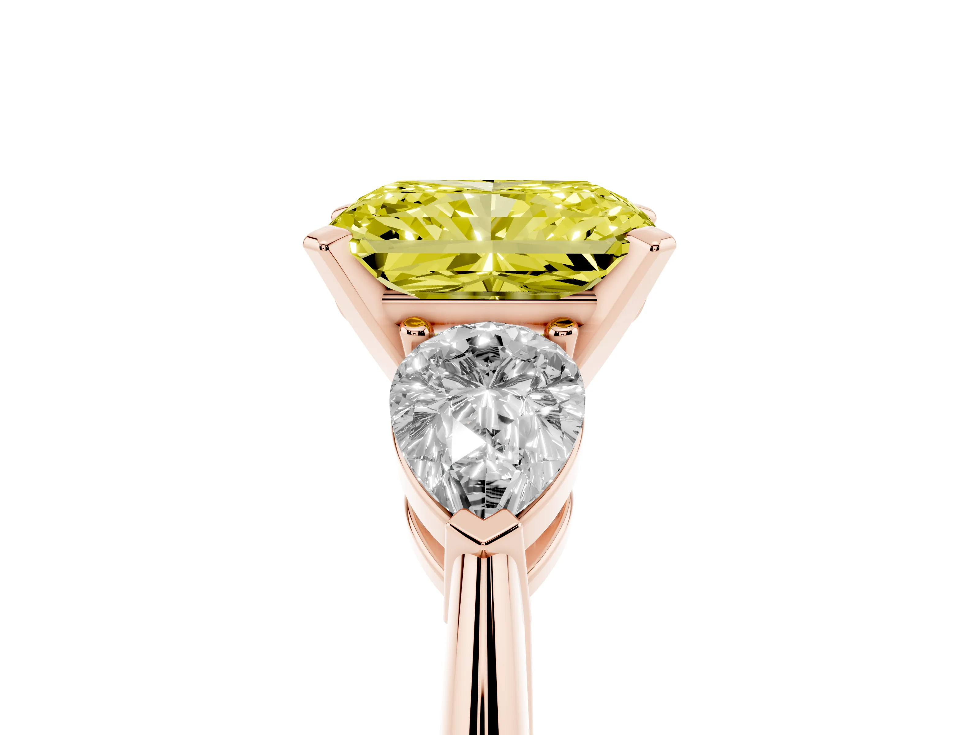 Fancy Yellow Three-Stone Radiant Cut Diamond Ring Set in Rose gold with Pear Side Stones and Prong Setting