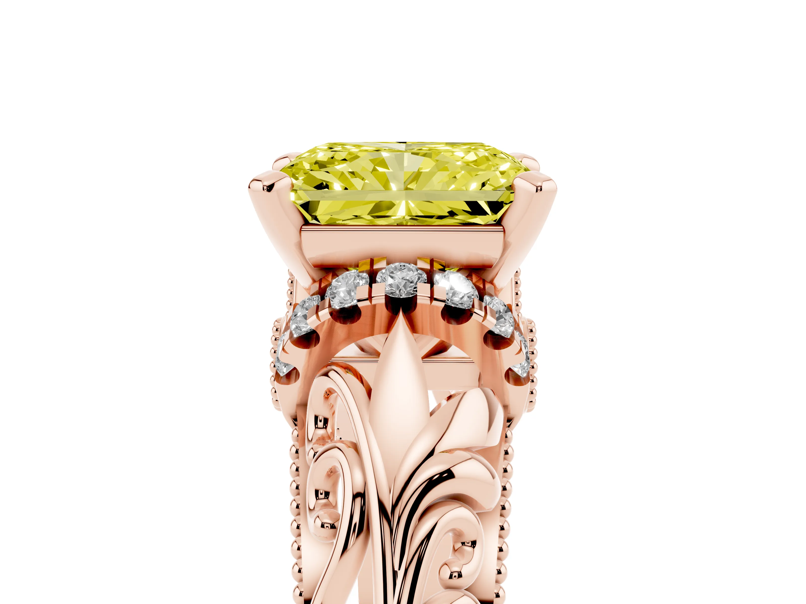 Fancy Yellow Radiant Cut Diamond Filigree Halo Engagement Ring Set in Rose gold with Prong Setting