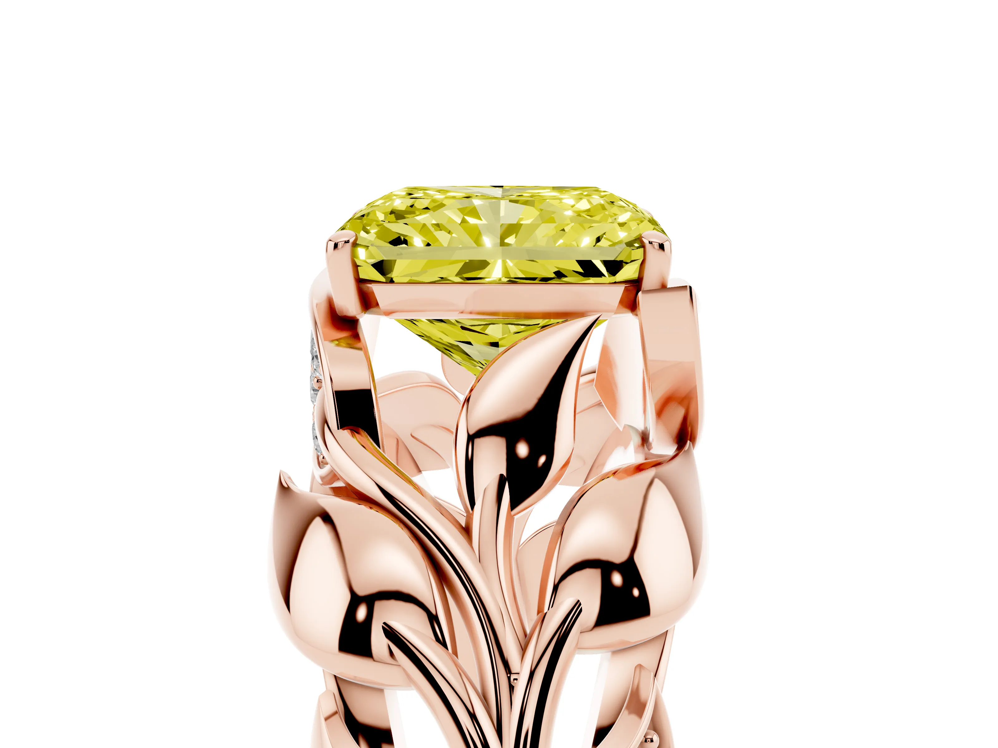 Fancy Yellow Radiant Cut Diamond Leaf-Inspired Engagement Ring Set in Rose gold with Round Accents