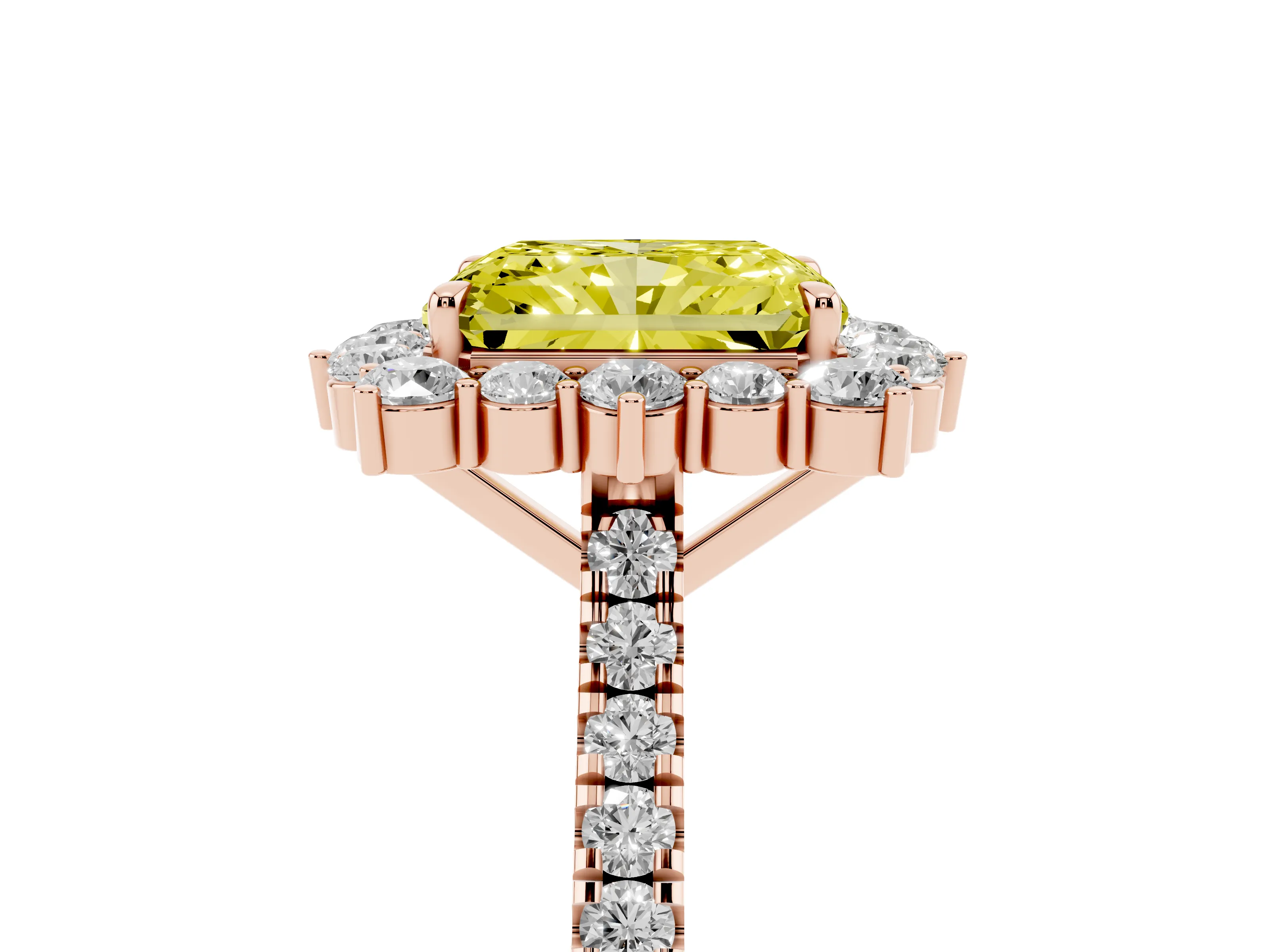 Fancy Yellow Radiant Cut Diamond Halo Ring Set in Rose gold with Pavé Band and Prong Setting