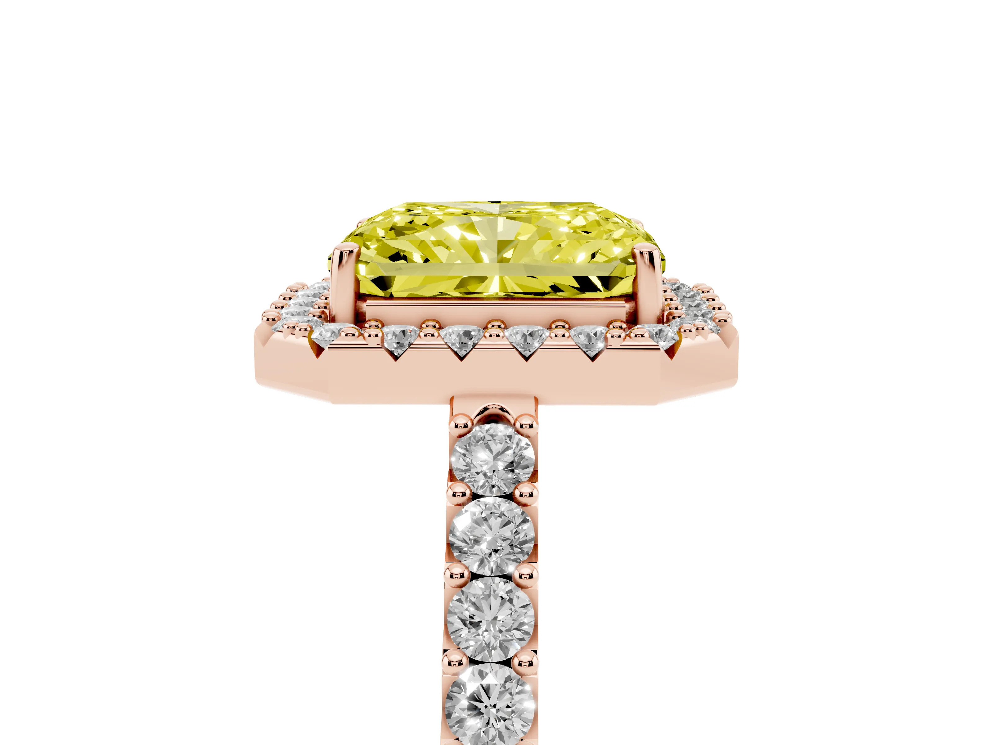 Fancy Yellow Radiant Cut Diamond Halo Pavé Solitaire Ring Set in Rose gold with Prong-Set Center Stone